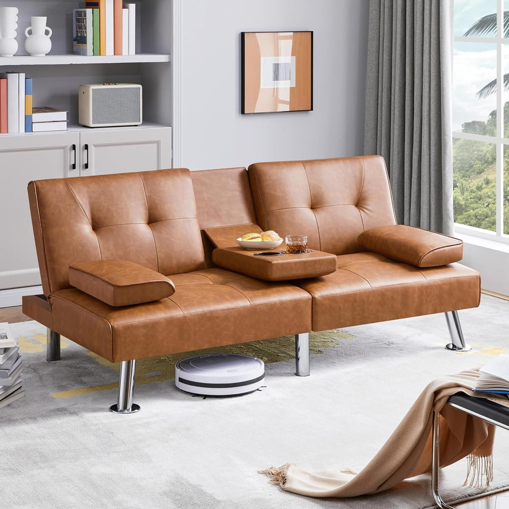 Faux Leather Convertible Sofa Bed Cup Holders And 3 Angles
