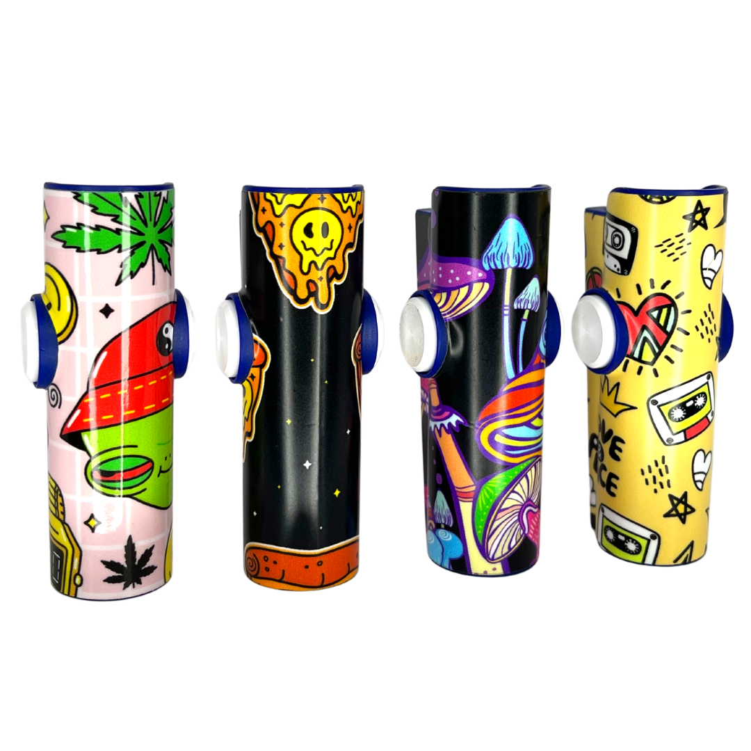 FLKR LYTR® Fidget Spinner Lighter Case for Clipper Lighter® Case fidget spinner lighter case 4PACK - High Alien, Pizza Melt, Mushrooms, Love & Peace