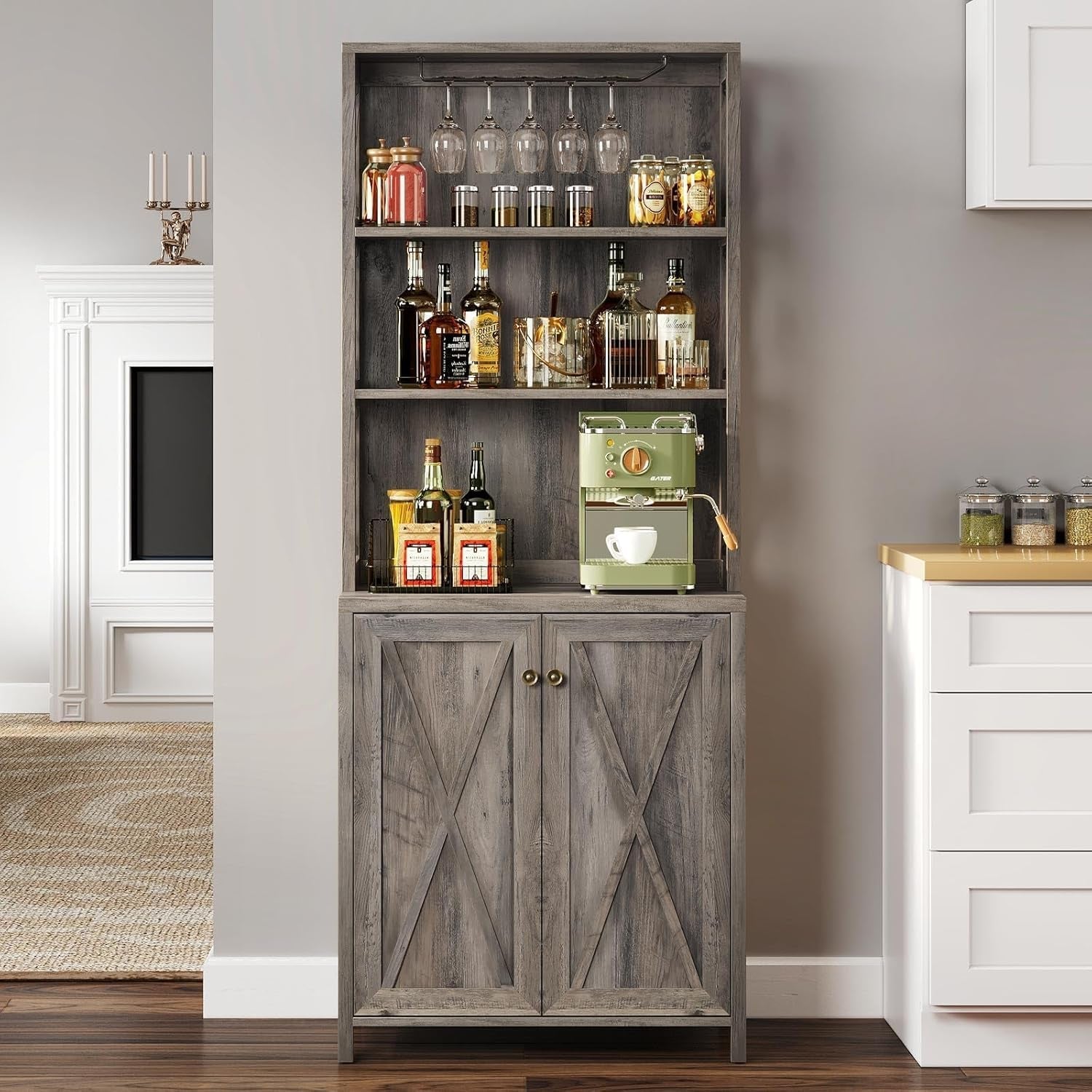 67" Farmhouse Wine Bar Cabinet Liquor Glasses Grey