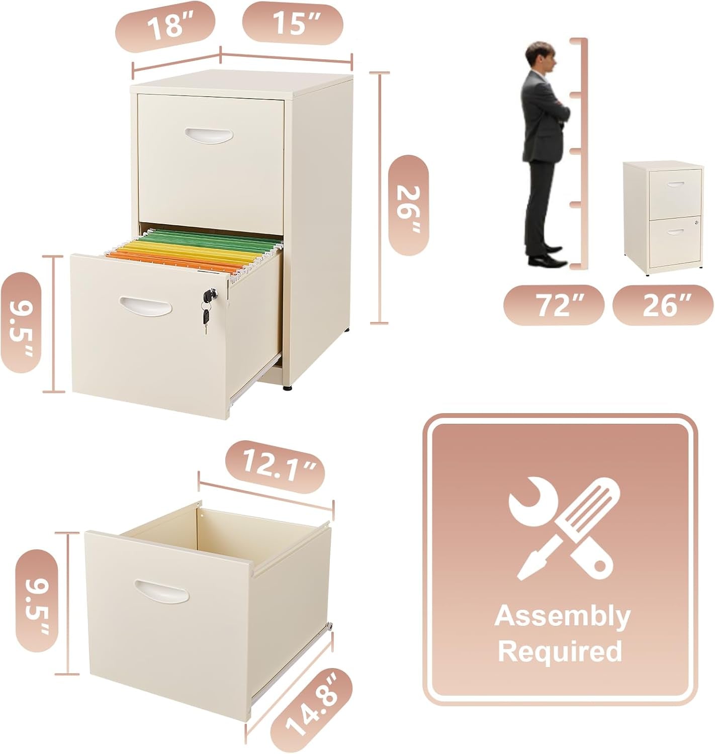 Metal 2 Drawer File Cabinet, Vertical File Cabinet with Lock, Filing