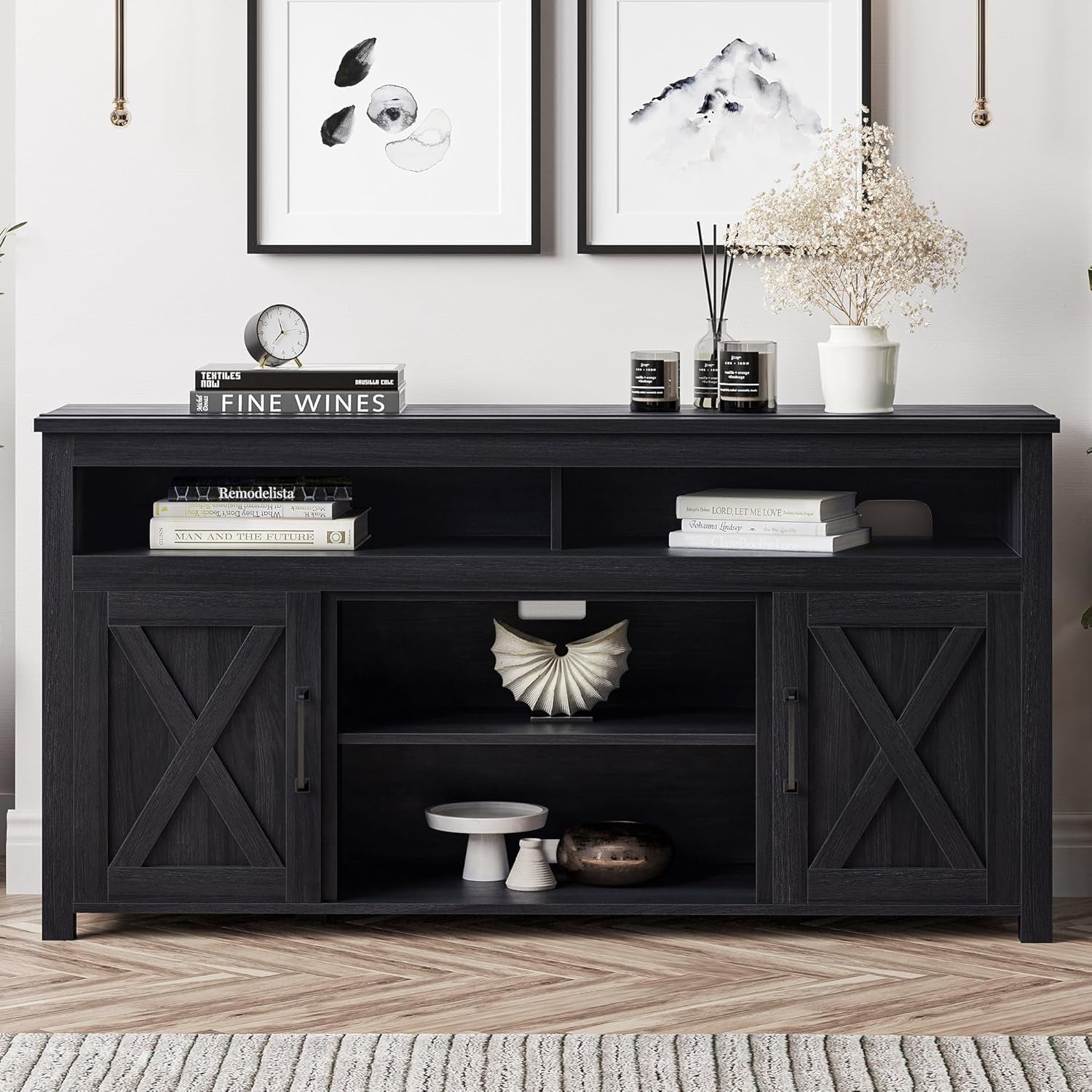 58 Inch Rustic TV Stand With Barn Door Cabinets For TVs Up To 65