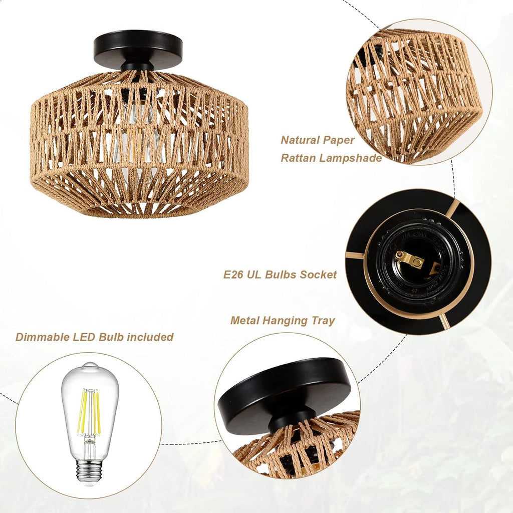 Mini Rattan Ceiling Light Fixture With Dimmable LED Bulb