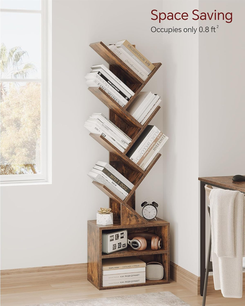 6 Tier Tree Bookshelf with Cabinet Rustic Modern