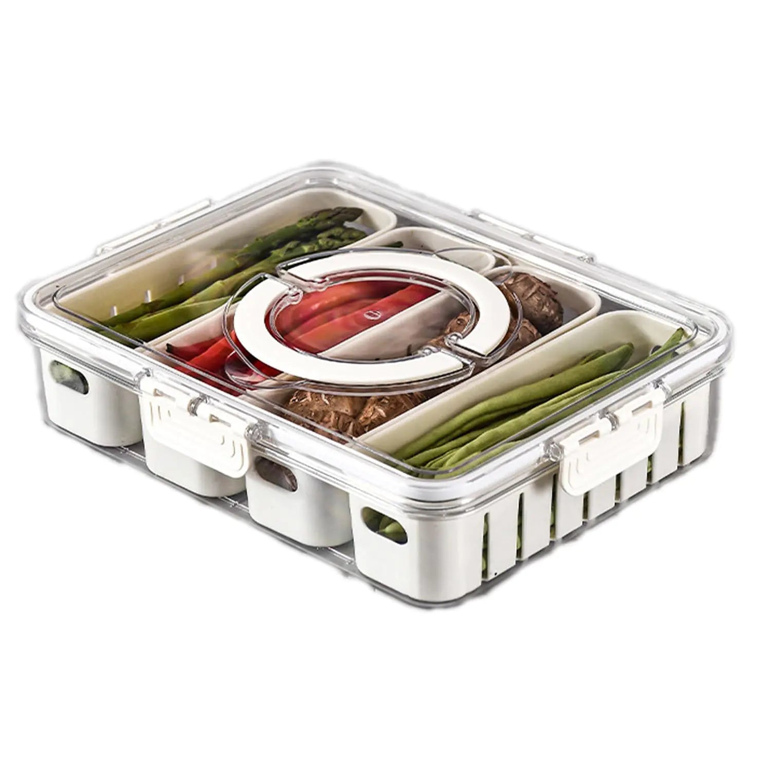 Snack Tray with Lid & Handle Portable Snackle Box Container Veggie Serving Tray Charcuterie Board for Travel Party & Picnic Refrigerator Organize Box for Vegetable Fruit Candy 4 Compartments