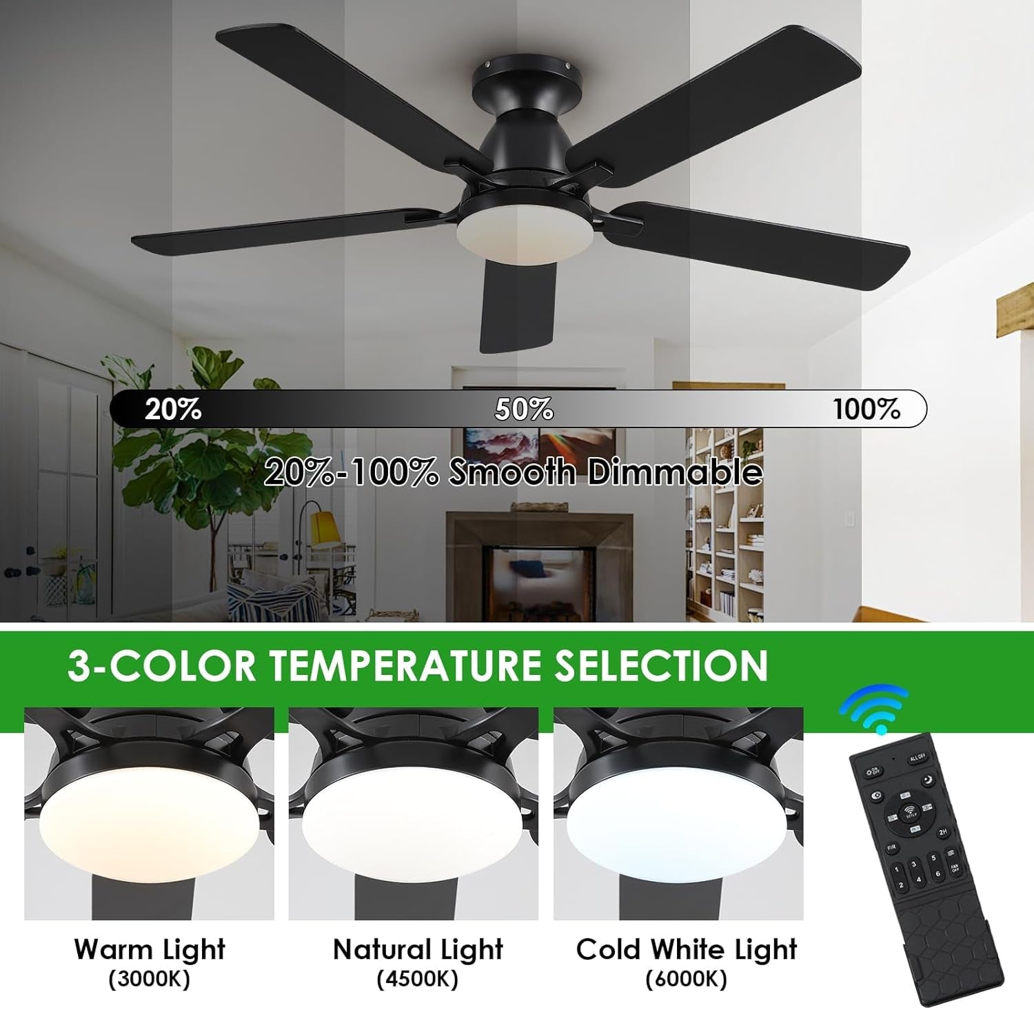 Ceiling Fans with Lights- 52" Low Profile Indoor Ceiling Fan with