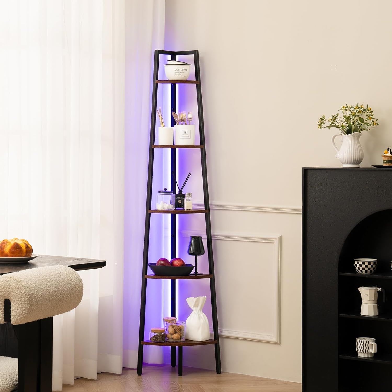 Corner Shelf Stand, 5-Tier Corner Bookshelf with LED Light Corner