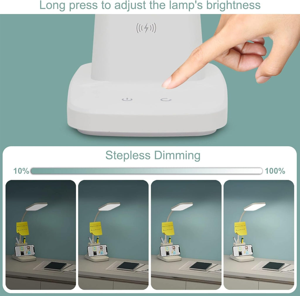 Upgraded LED Desk Lamp with Wireless Charger, White Small Desk Light