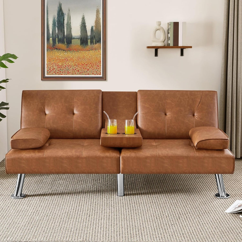 Faux Leather Convertible Sofa Bed Cup Holders And 3 Angles