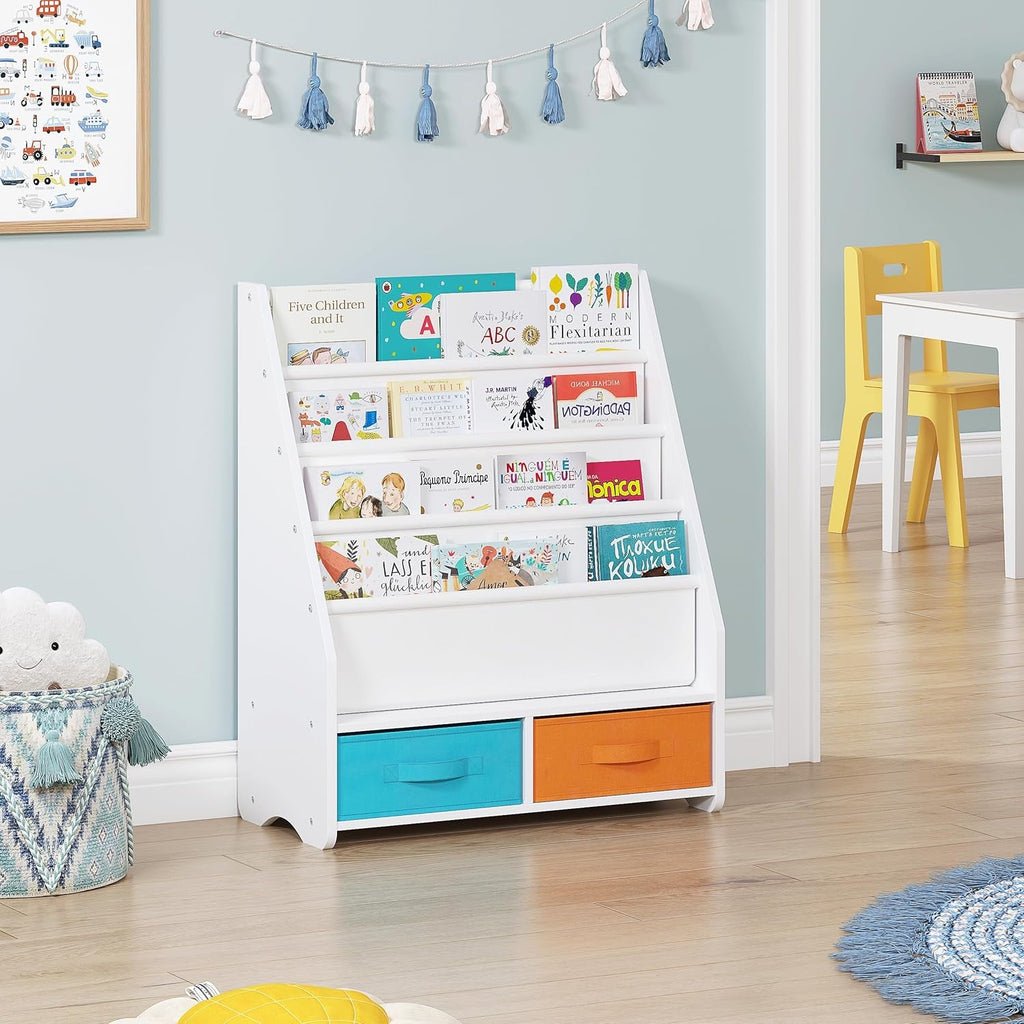 Kids Bookshelf with Storage Bins, Book Shelf for Kids Rooms, 4-Tier