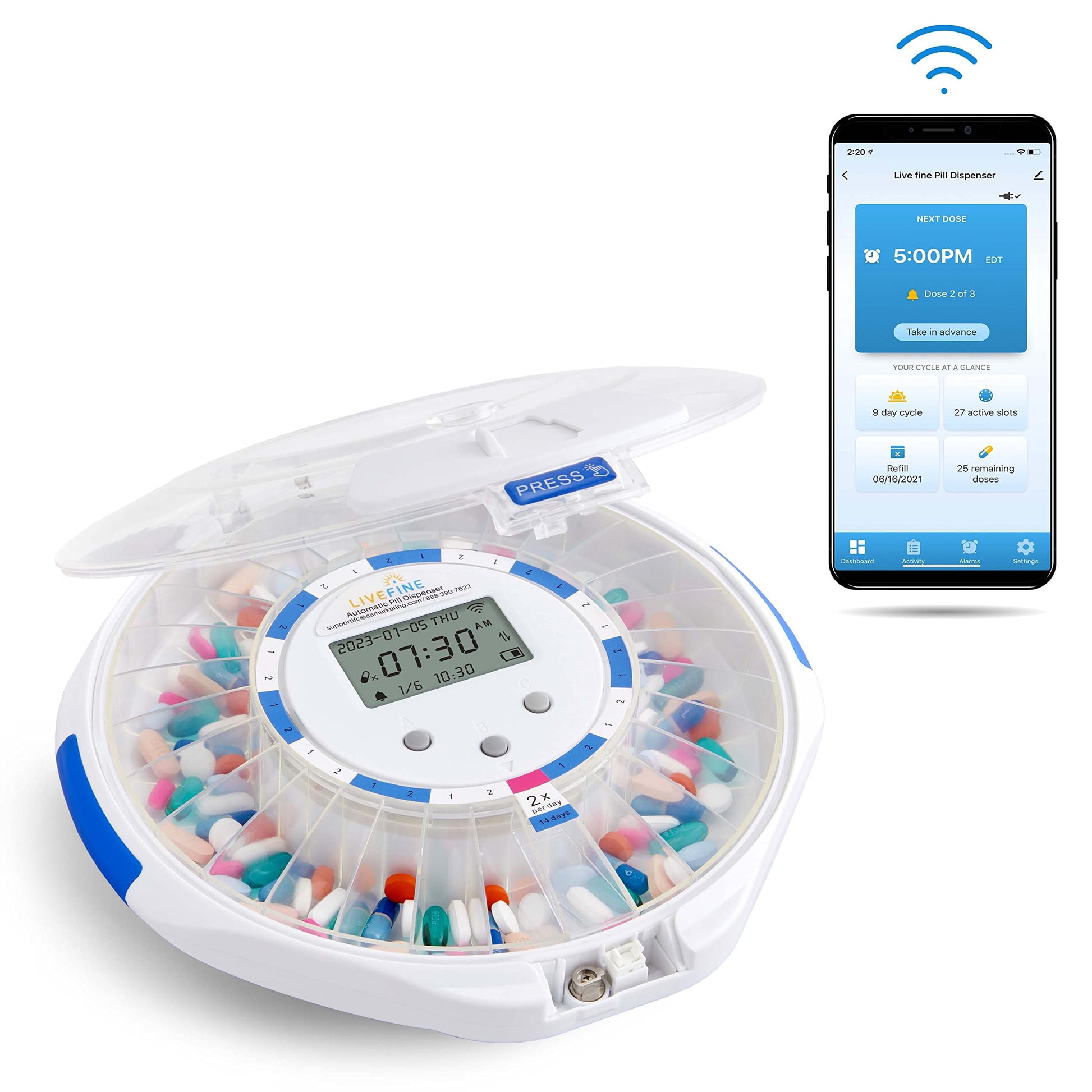Live Fine Smart WiFi Automatic Pill Dispenser Clear Lid | 28-Day Medication Organizer Up to 9 Doses Per Day for Care Monitoring with Lock Key Light/Sound Alarms for Prescriptions & Vitamins