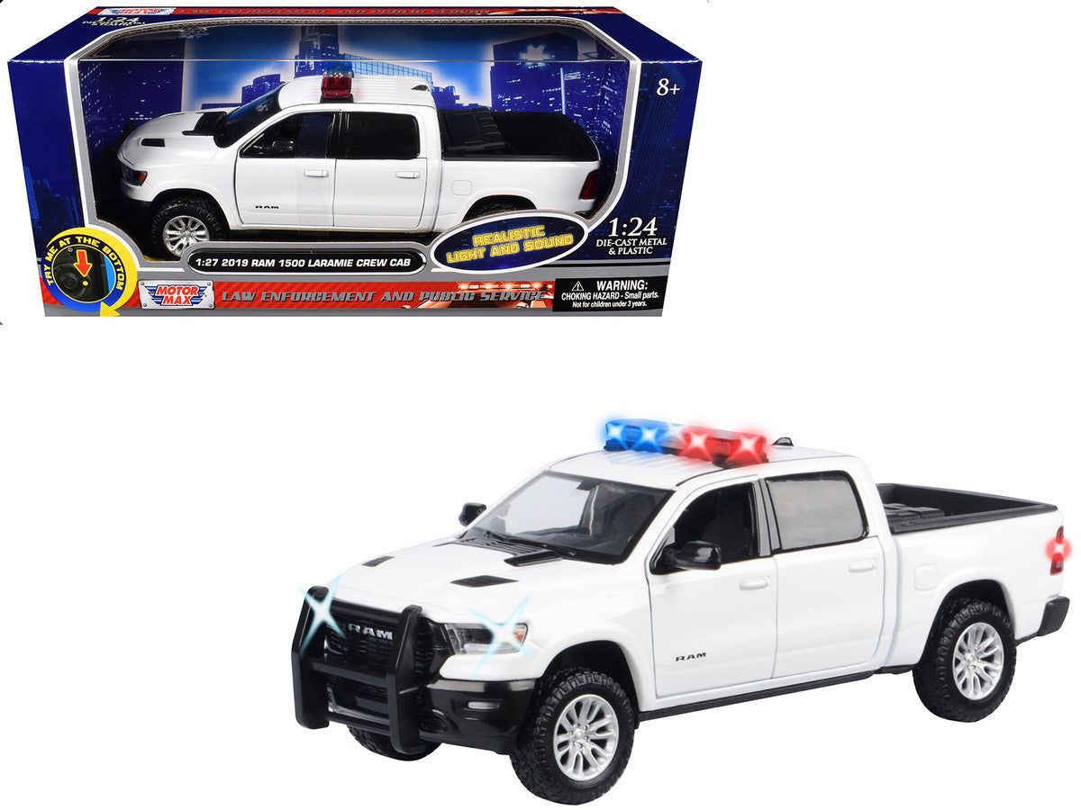 2019 RAM 1500 Laramie Crew Cab Pickup Truck White with Flashing Light Bar and Front and Rear Lights and Sounds 1/24-1/27 Diecast Model Car by Motormax-0
