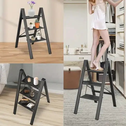 3 Step Ladder Aluminum Light Folding Step Bench Wide Non Slip Pedal 300 Lb Capacity Home Office Portable Ladder Black