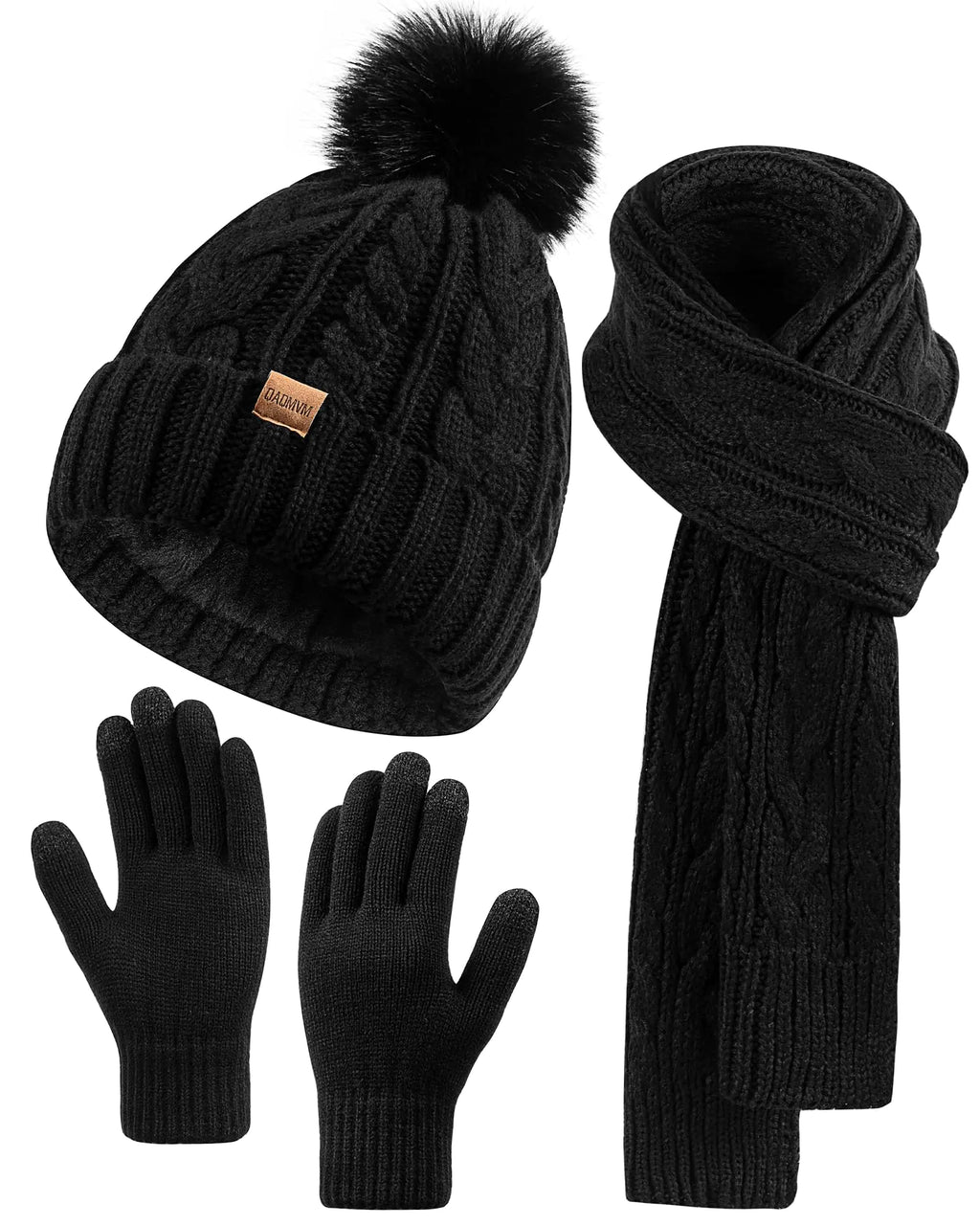 Winter Beanie Hat Scarf Gloves Set for Women Pom Pom Fleece Lined Hat Knit Touchscreen Gloves