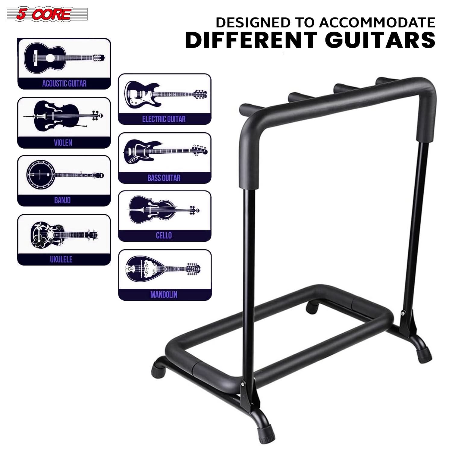 5Core Guitar Rack 3 Slot Multi Guitars Stands Floor Safe Storage for