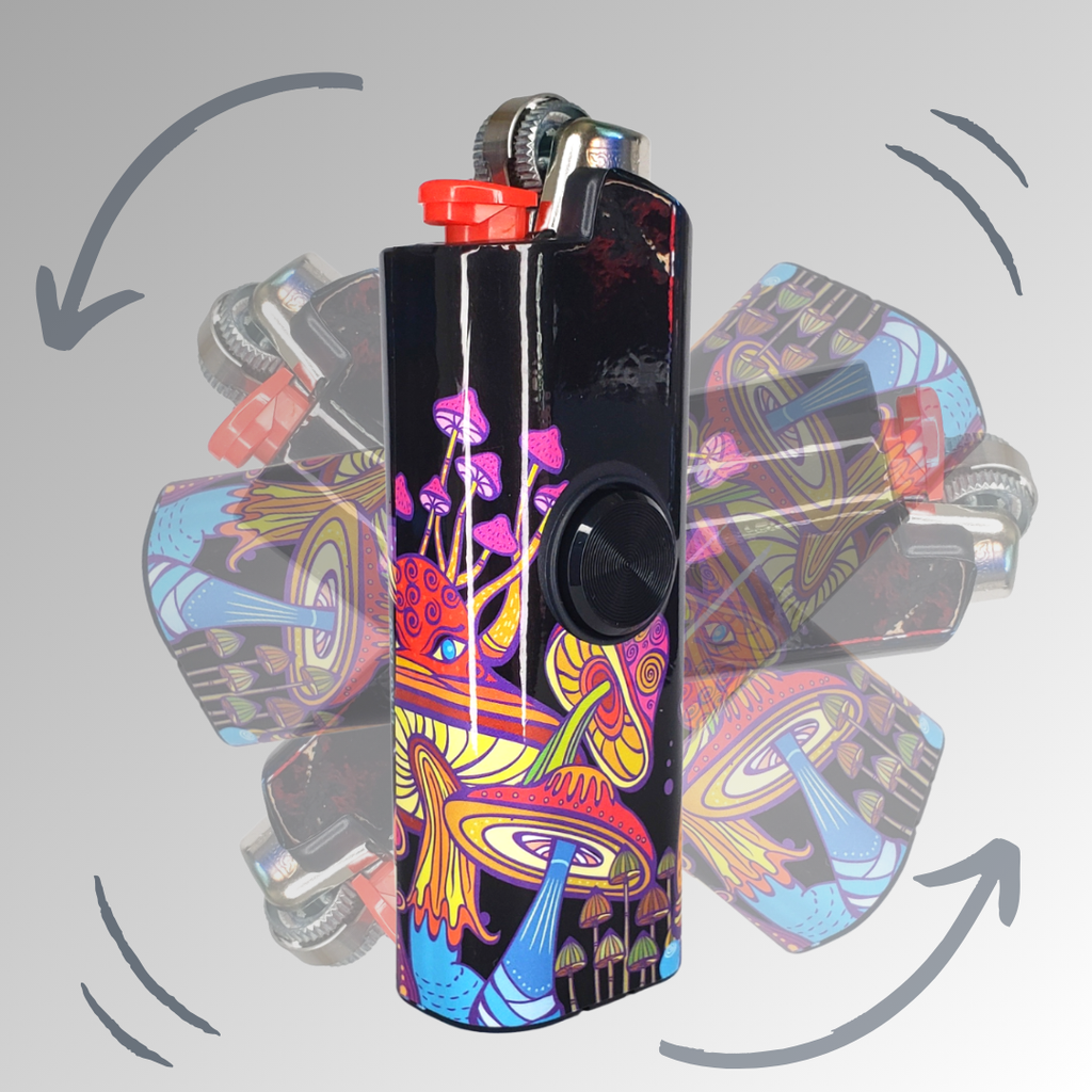 FLKR LYTR® Amazon Prime Fidget Spinner Lighter Case 4 pack for Bic Lighter® Case Pink Alien, Trippy, Large Mushroom Garden, So High
