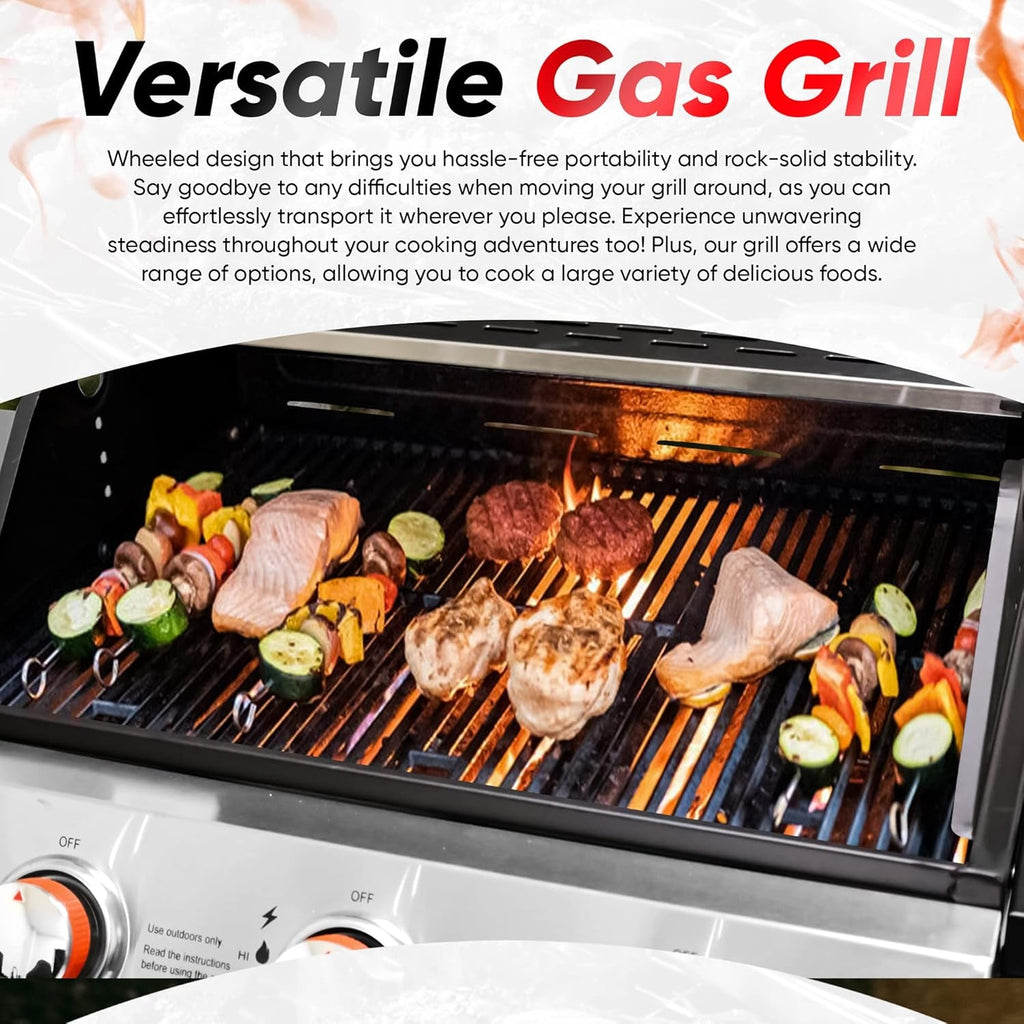 Stainless Gas Grill 3-Burner, Cabinet, Wheels, Outdoor BBQ
