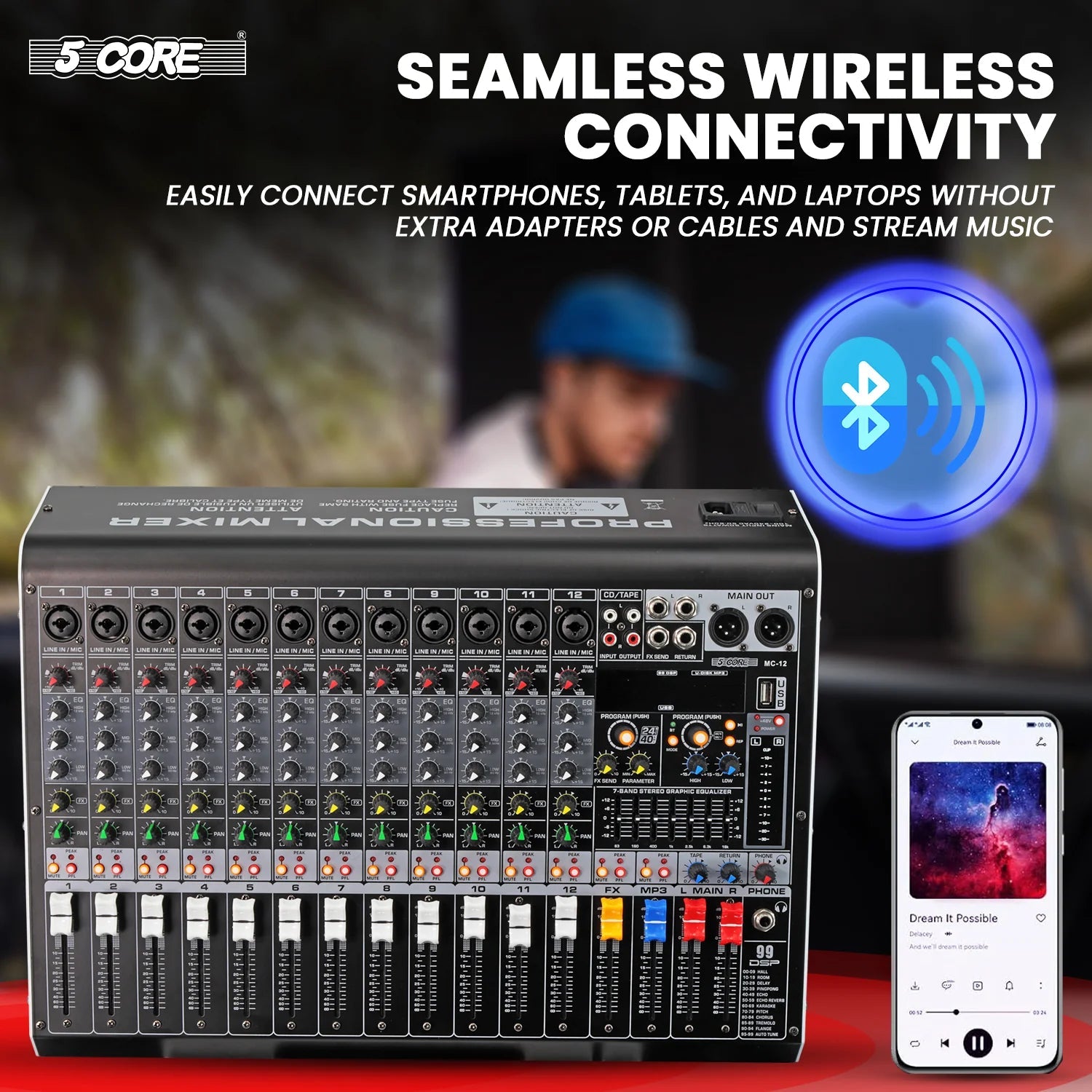 Audio Mixer 12 Channel DJ Equipment with Bluetooth USB Console Sound