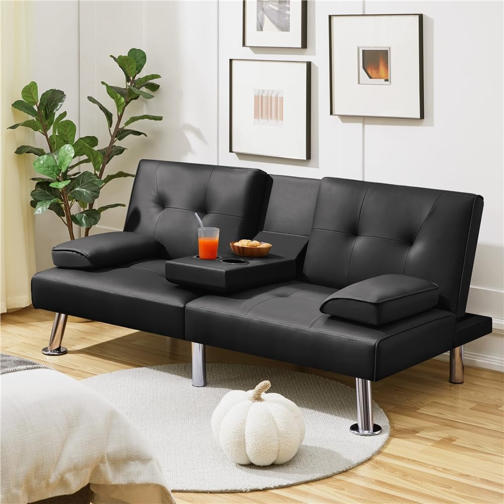 Convertible Sofa Bed Black Faux Leather With Cup Holders