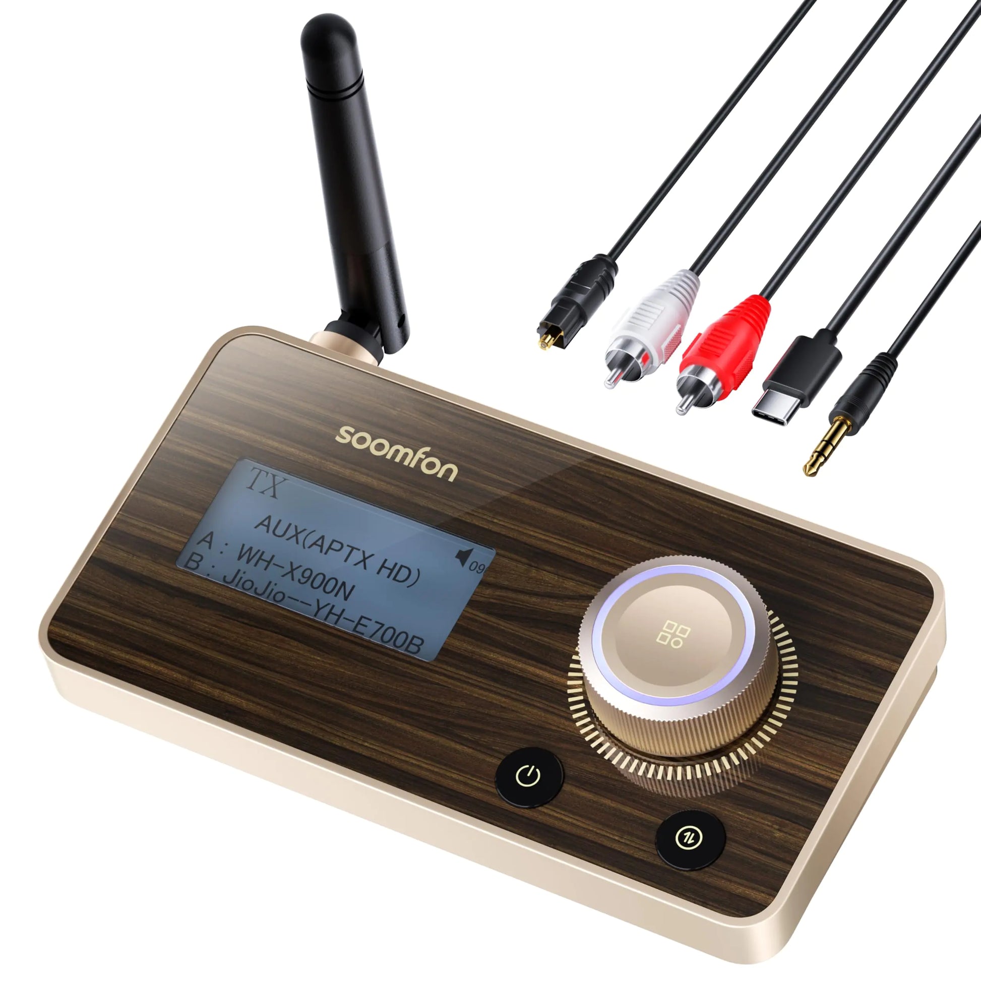 Bluetooth Transmitter Receiver Aptx Low Latency - SOOMFON 3-in-1 Adapter Aptx HD Bluetooth 5.2 for 2 Headphones with LCD Display Adjustable Volume Auto Reconnect Optical AUX RCA for TV Home Stereo