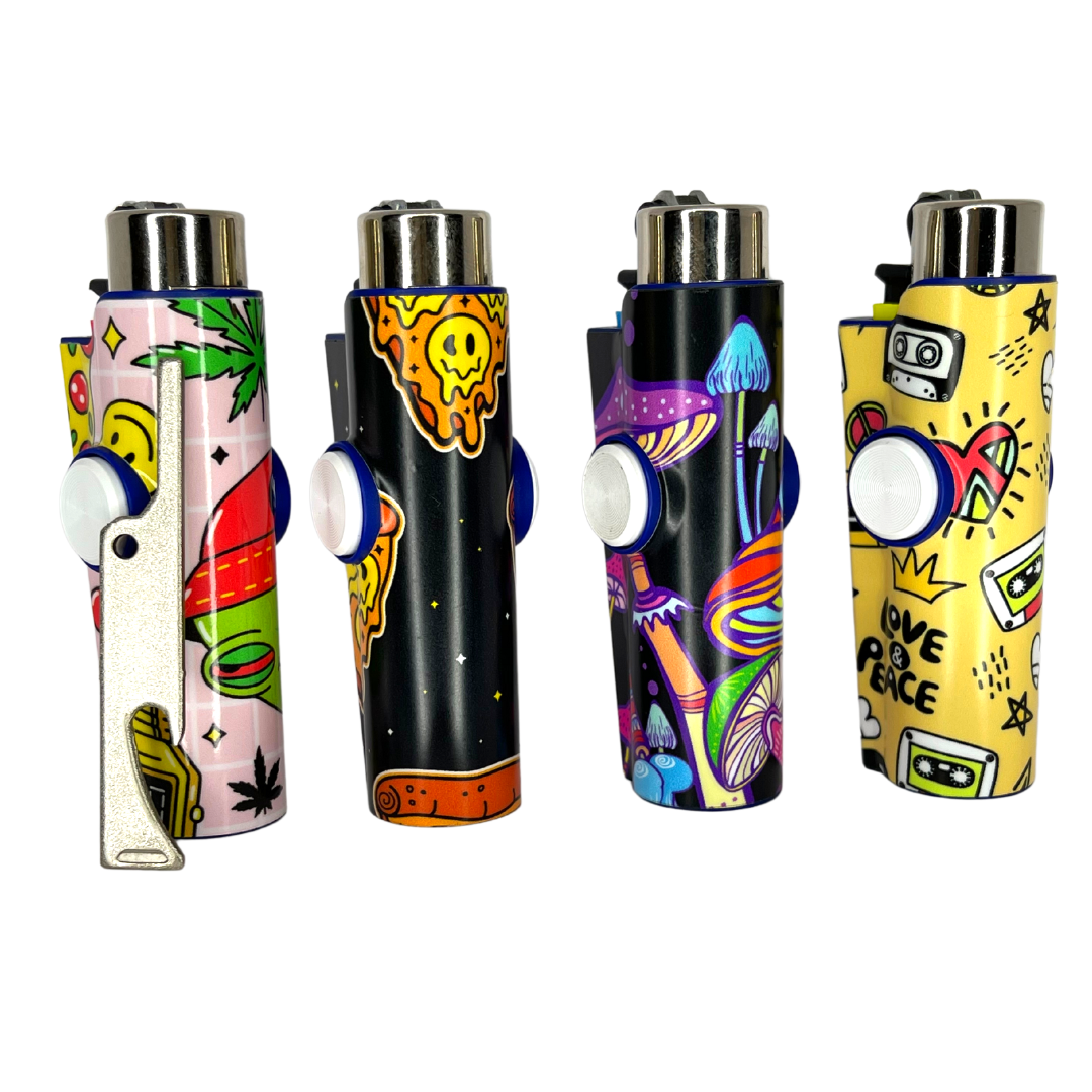 FLKR LYTR® Fidget Spinner Lighter Case for Clipper Lighter® Case fidget spinner lighter case 4PACK - High Alien, Pizza Melt, Mushrooms, Love & Peace