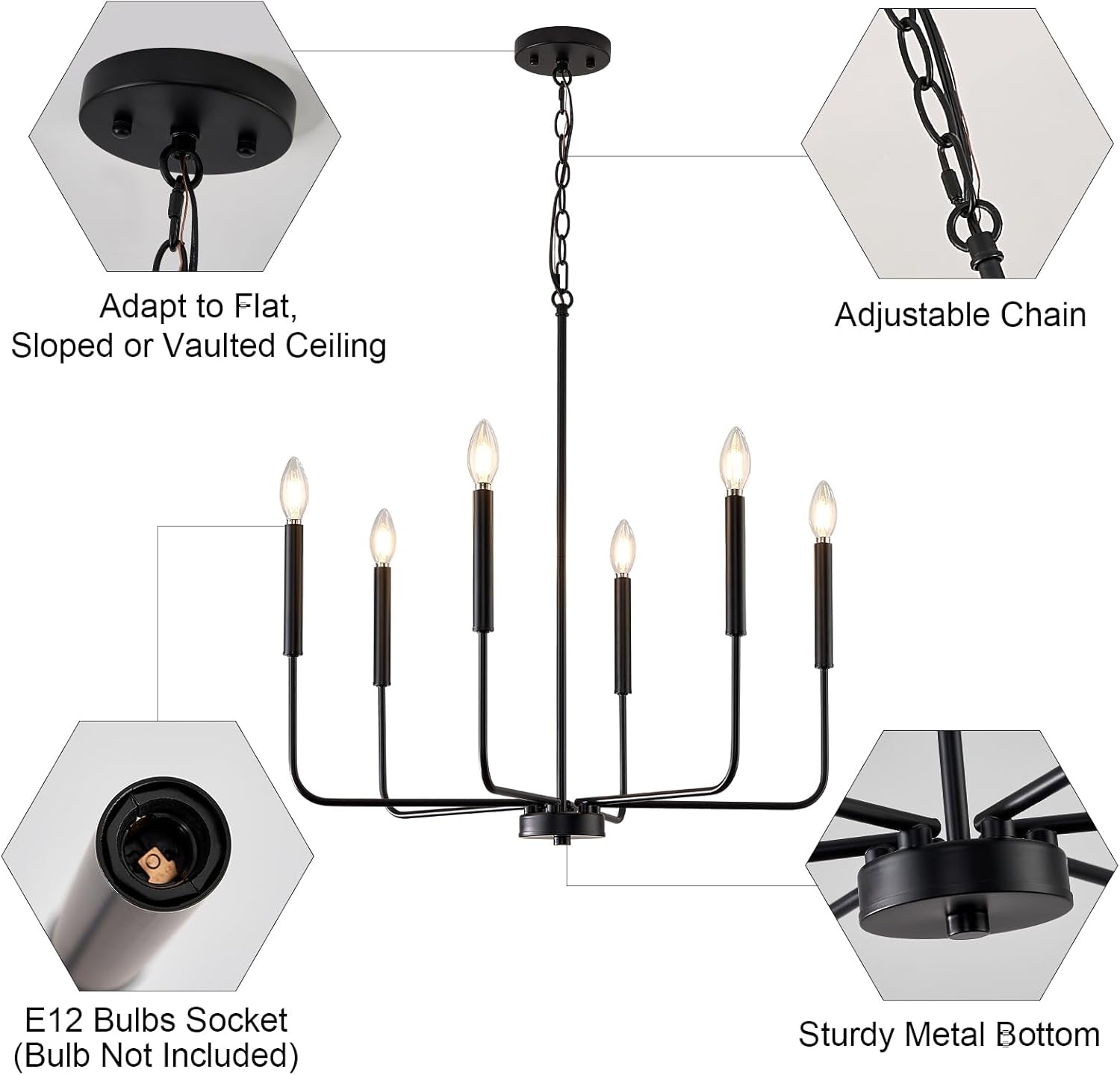 Modern Black 6 Light Chandelier Dining Farmhouse Pendant