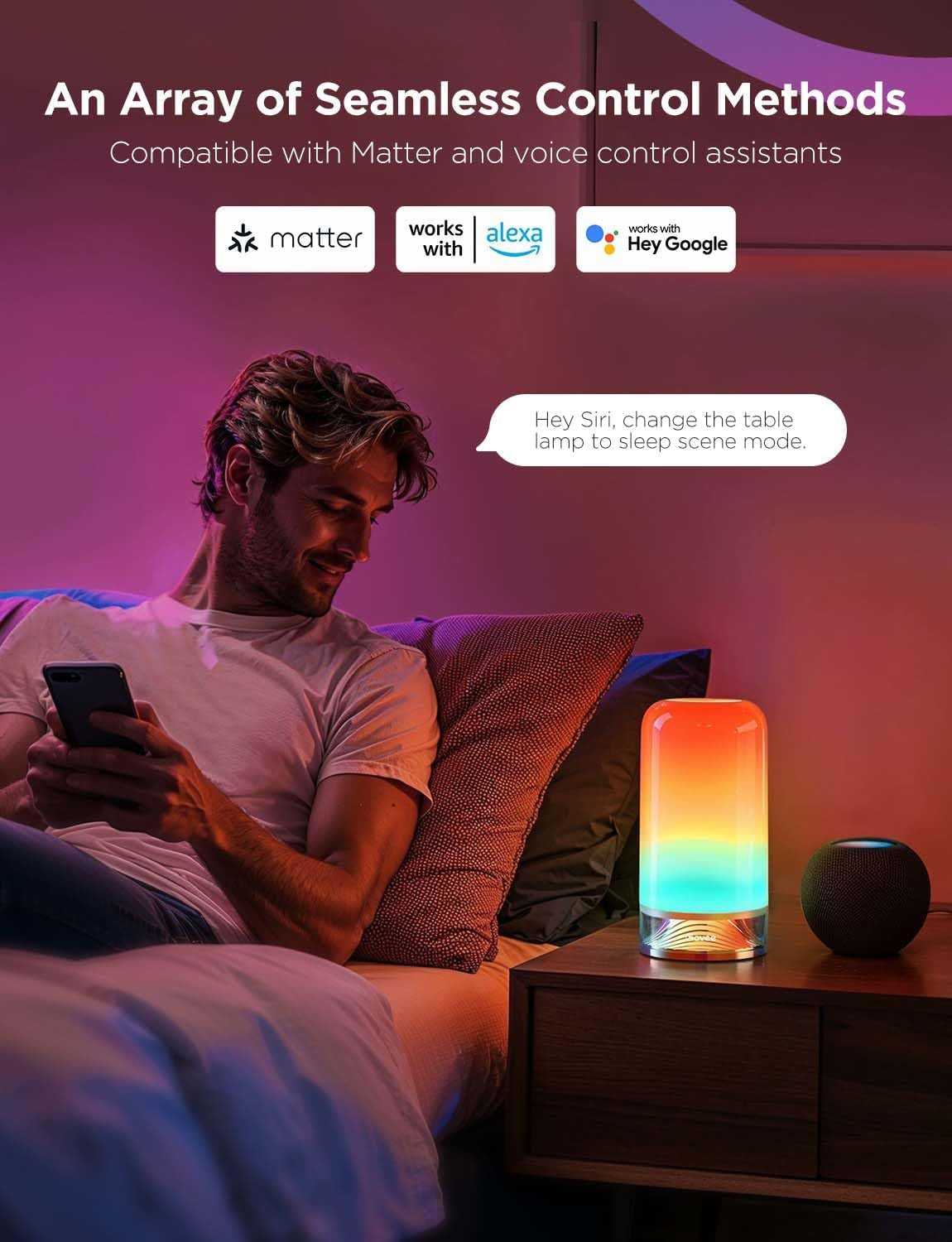 RGBIC Smart Table Lamp 2, Touch Bedside Small Table Lamp Work with