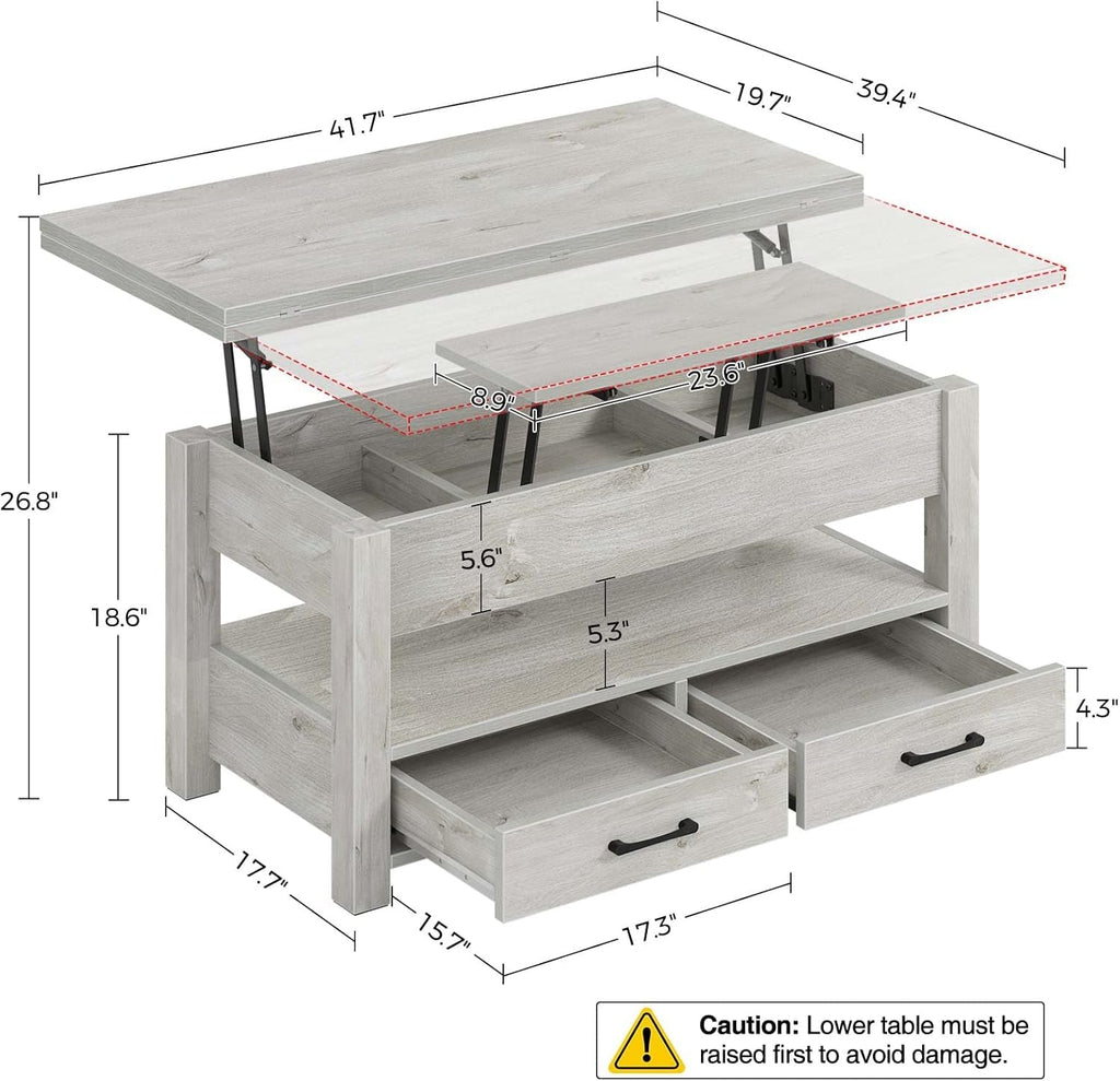 Grey Lift Top Coffee Table With Drawers Hidden Compartment