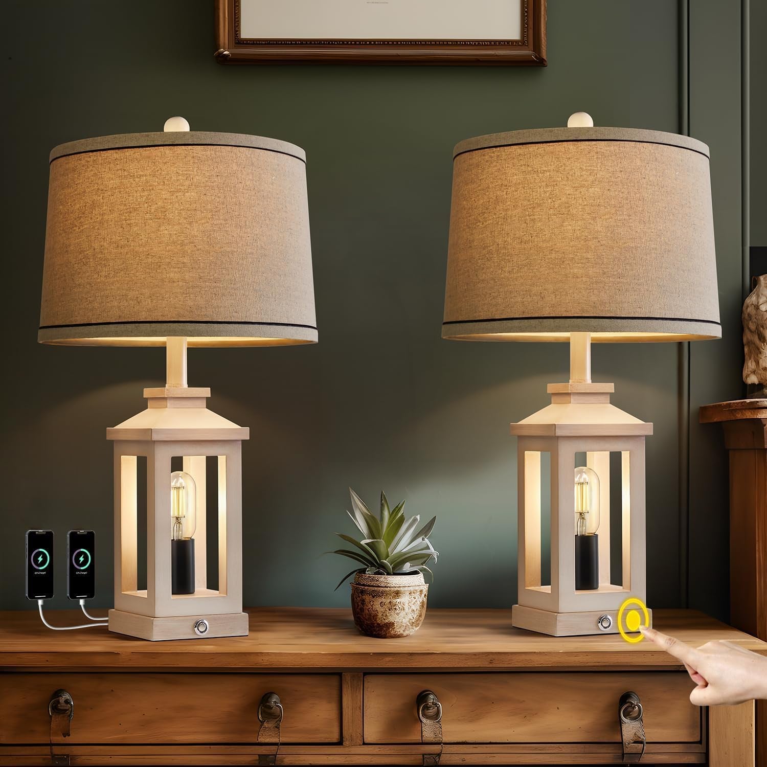 White Farmhouse Touch Lamps USB, Dimmable, Vintage, Dual Light