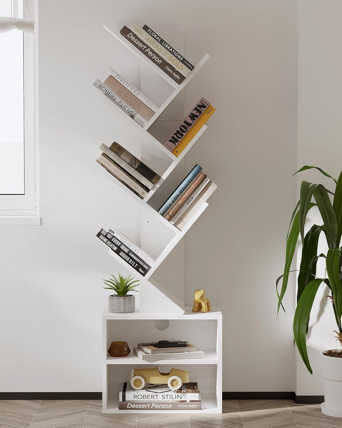 6 Tier Tree Bookshelf, Tall Bookcase with Storage Cabinet, Modern
