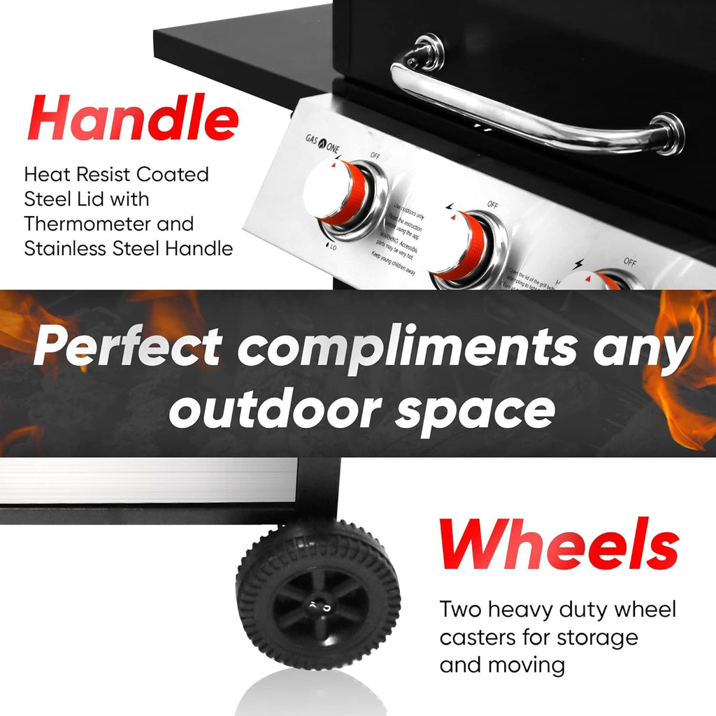 Stainless Gas Grill 3-Burner, Cabinet, Wheels, Outdoor BBQ