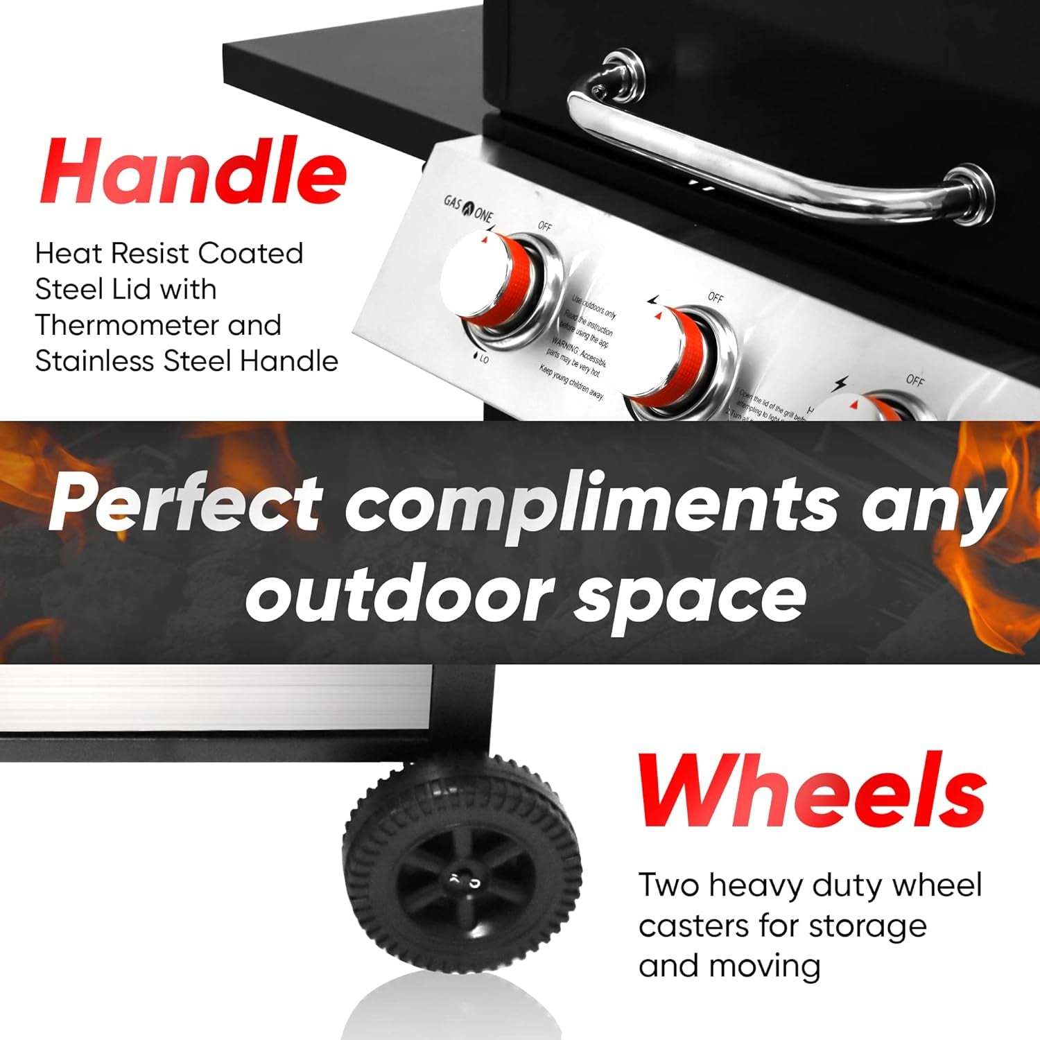 Stainless Gas Grill 3-Burner, Cabinet, Wheels, Outdoor BBQ