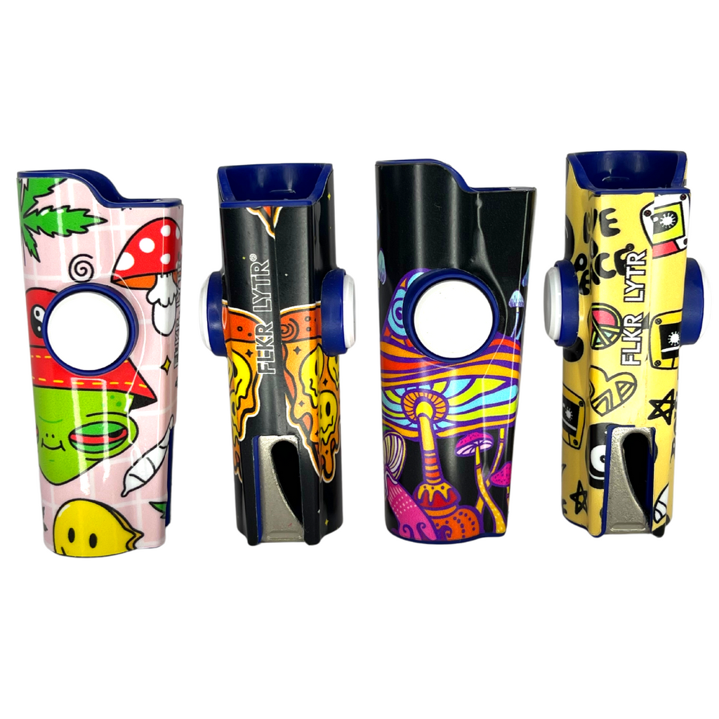 FLKR LYTR® Fidget Spinner Lighter Case for Clipper Lighter® Case fidget spinner lighter case 4PACK - High Alien, Pizza Melt, Mushrooms, Love & Peace