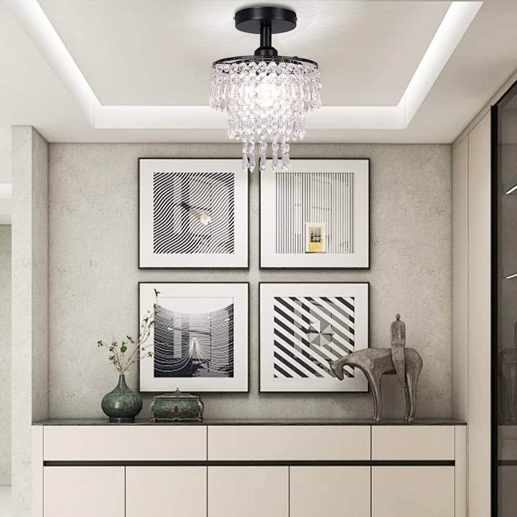 Small Black Crystal Chandelier Flush Mount With Raindrops
