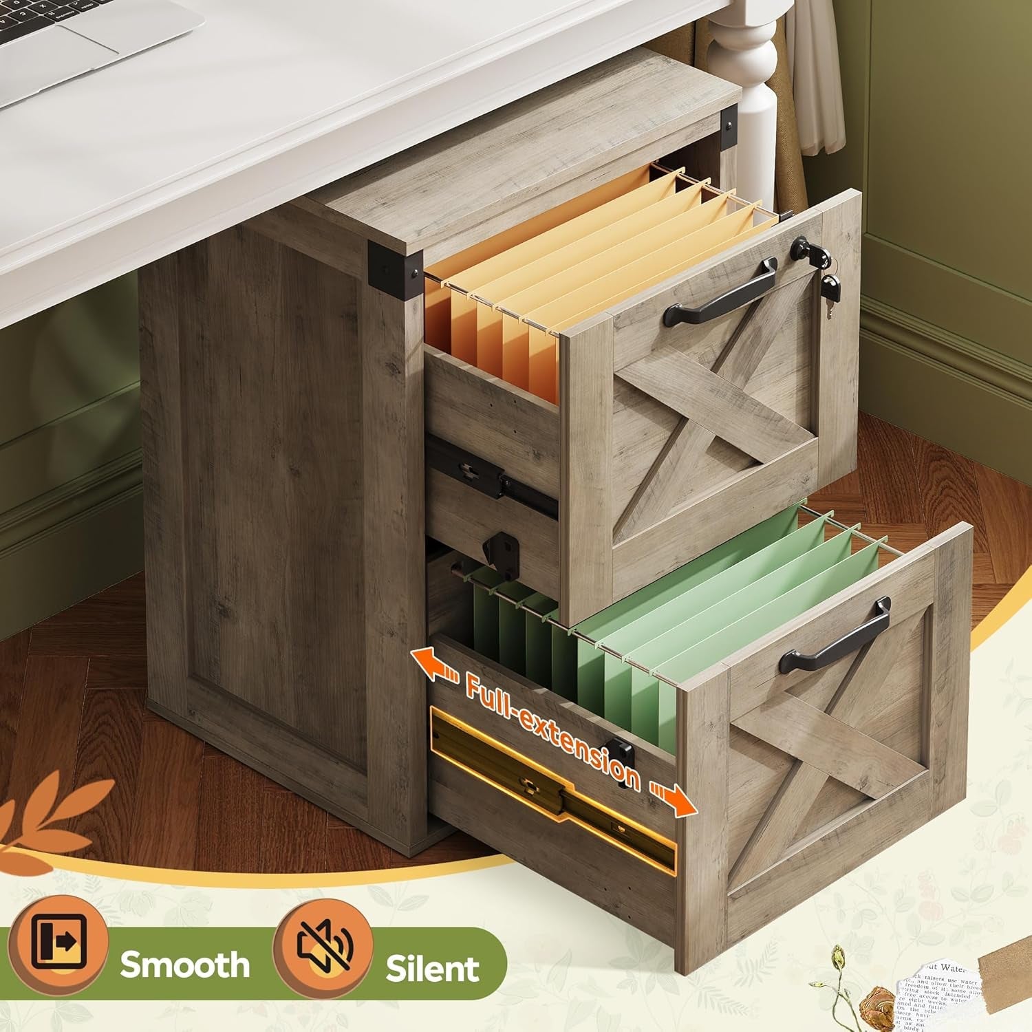 2 Drawer File Cabinet With Lock Gray Oak Farmhouse Home Office Printer