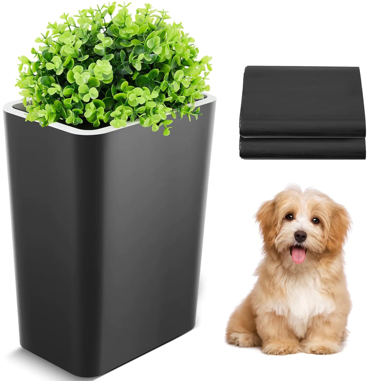 Jingmore Dog Poop Trash Can Outside 3.96 Gal Plant Styled Dog Waste Trash Can with Lid 50 Pcs Plastic Waste Bags Dog Poop Container Outdoor Indoor Slim Garbage Can for Bedroom Yard Garden(Black)
