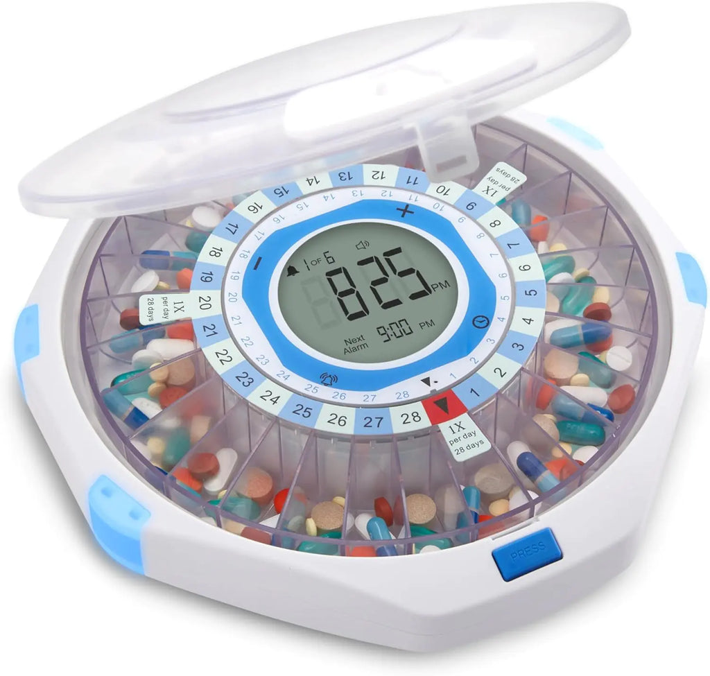 LiveFine WiFi Automatic Pill Dispenser and Remote Medication Monitoring System with Locking Key 28-Day Medication Organizer Up To 9 Doses Per Adjustable Light/Sound Alarms For Prescriptions & Vitami