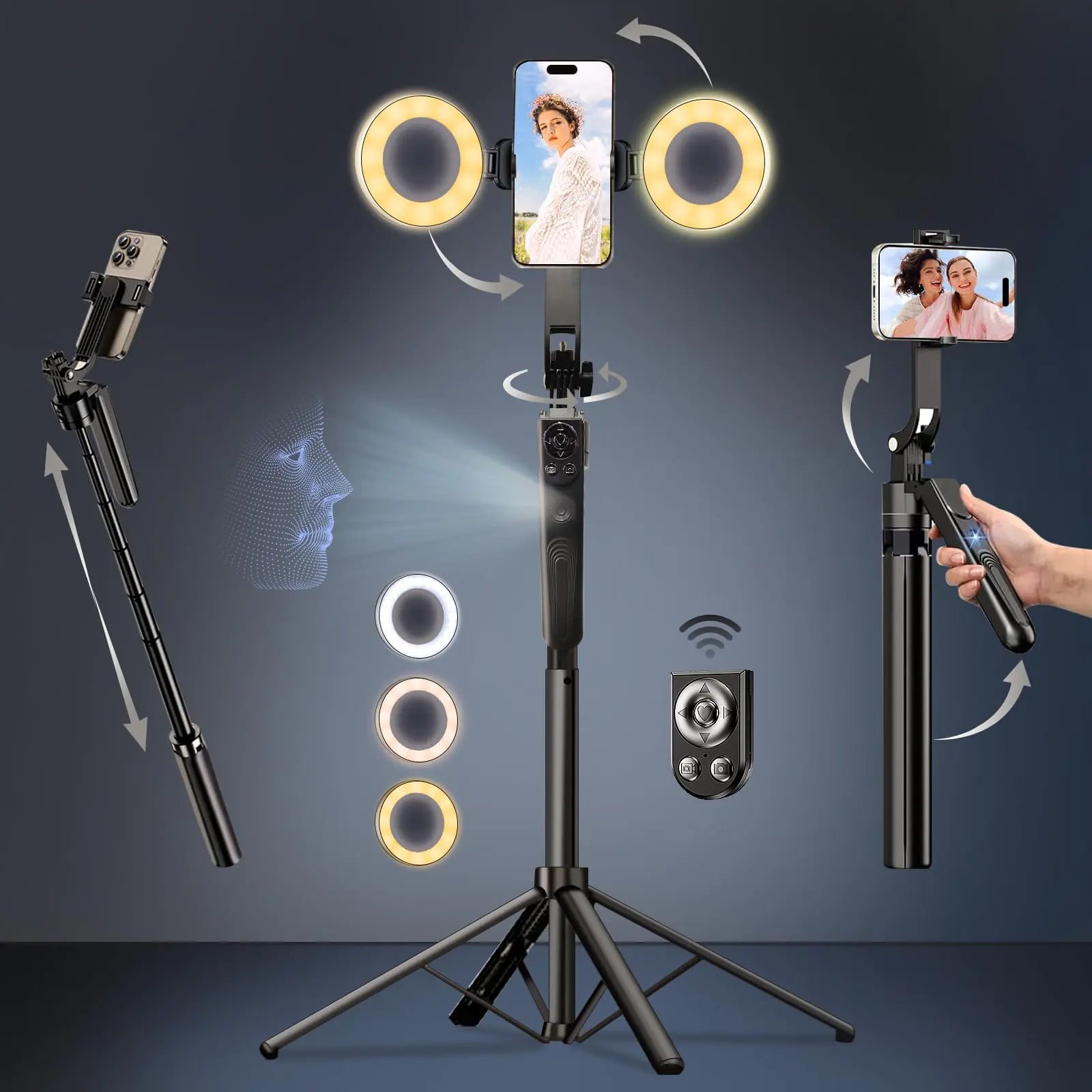 Auto Face Tracking Tripod for iPhone360° Rotation 4In1 Phone Tripod with Fill Light70" Extendable Smart Shooting Camera Mount with Selfie Light and Remote for Gesture ControlNo Need Application