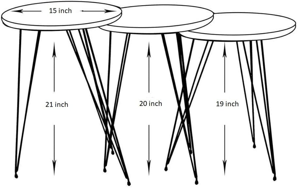 Grey Pine Wood Round Nesting End Tables Set Of 3 With Metal Frame