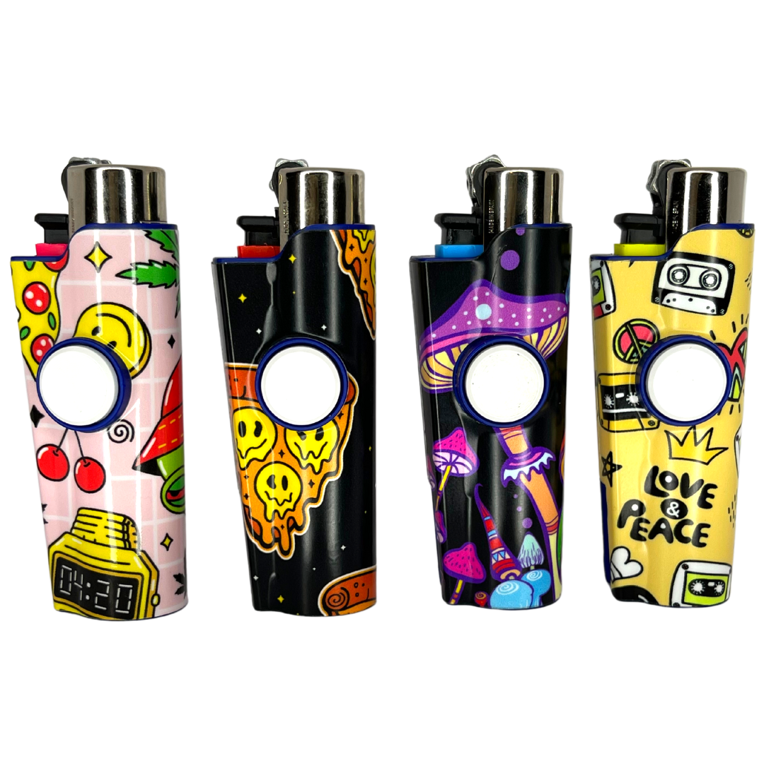 FLKR LYTR® Fidget Spinner Lighter Case for Clipper Lighter® Case fidget spinner lighter case 4PACK - High Alien, Pizza Melt, Mushrooms, Love & Peace