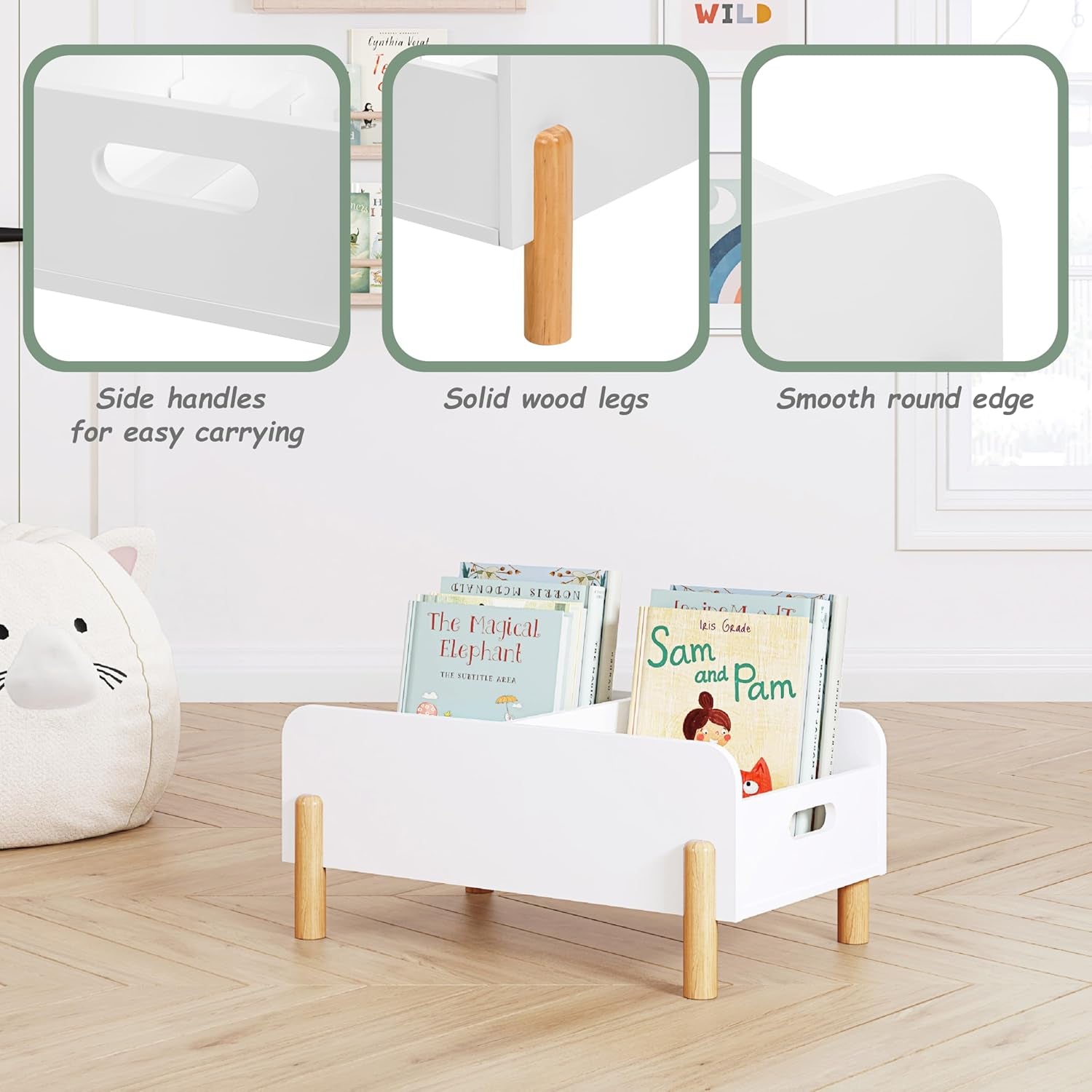 Montessori Bookshelf for Toddlers, Wooden Book Caddy with Adjustable