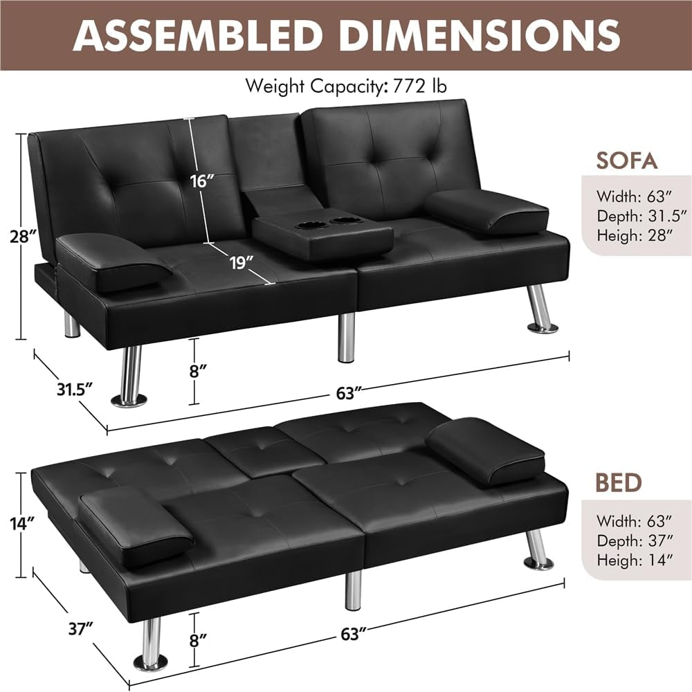 Convertible Sofa Bed Black Faux Leather With Cup Holders