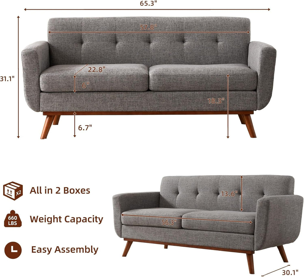 Grey Mid Century Modern Loveseat Sofa 65.3 Inch Living Room