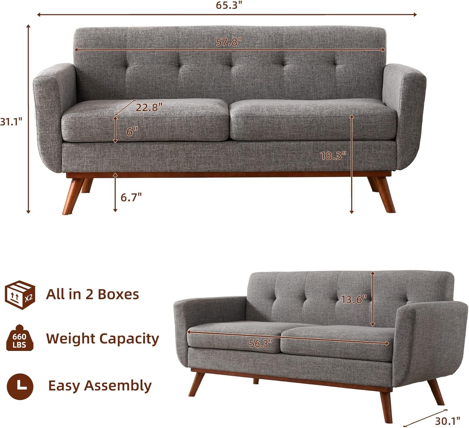 Grey Mid Century Modern Loveseat Sofa 65.3 Inch Living Room