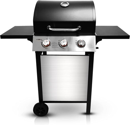 Stainless Gas Grill 3-Burner, Cabinet, Wheels, Outdoor BBQ