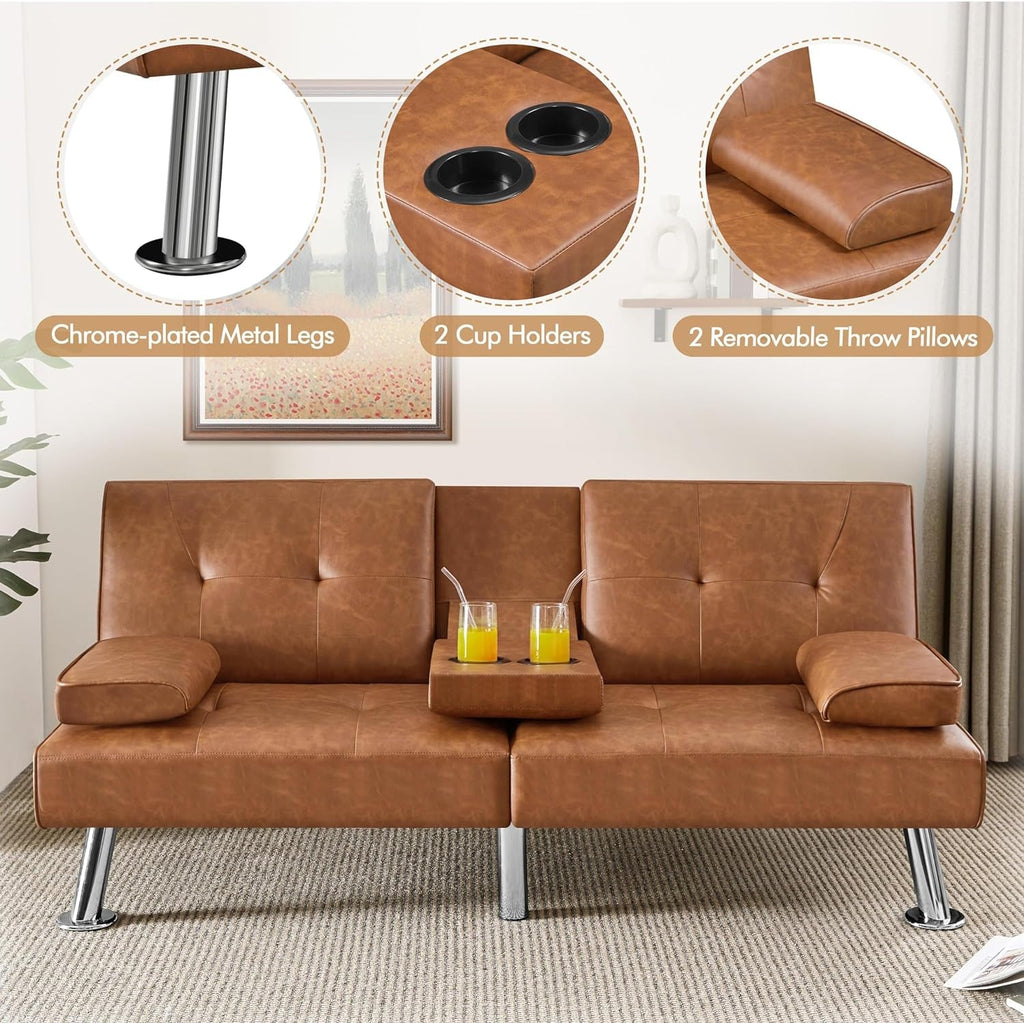 Faux Leather Convertible Sofa Bed Cup Holders And 3 Angles