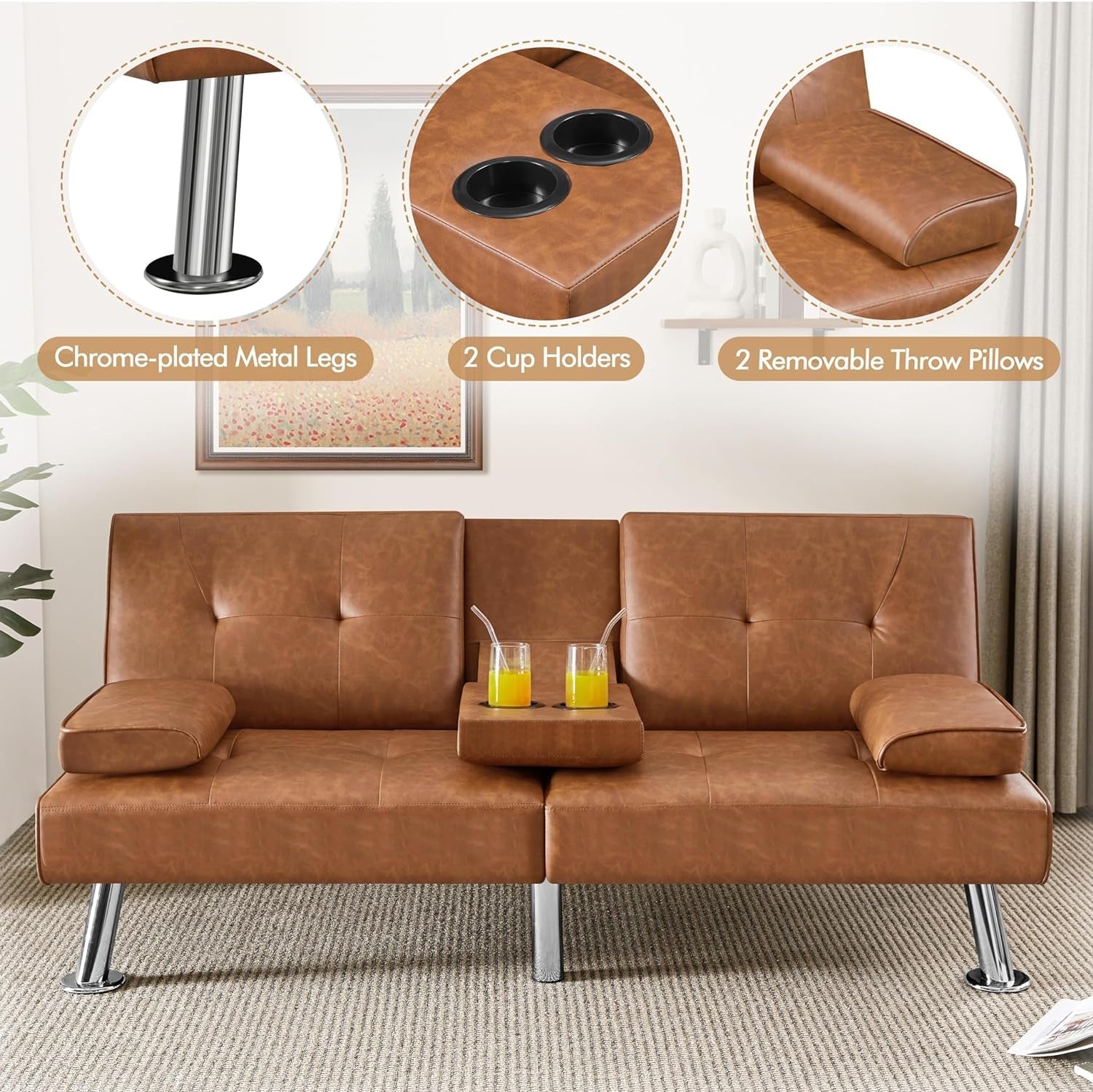 Faux Leather Convertible Sofa Bed Cup Holders And 3 Angles