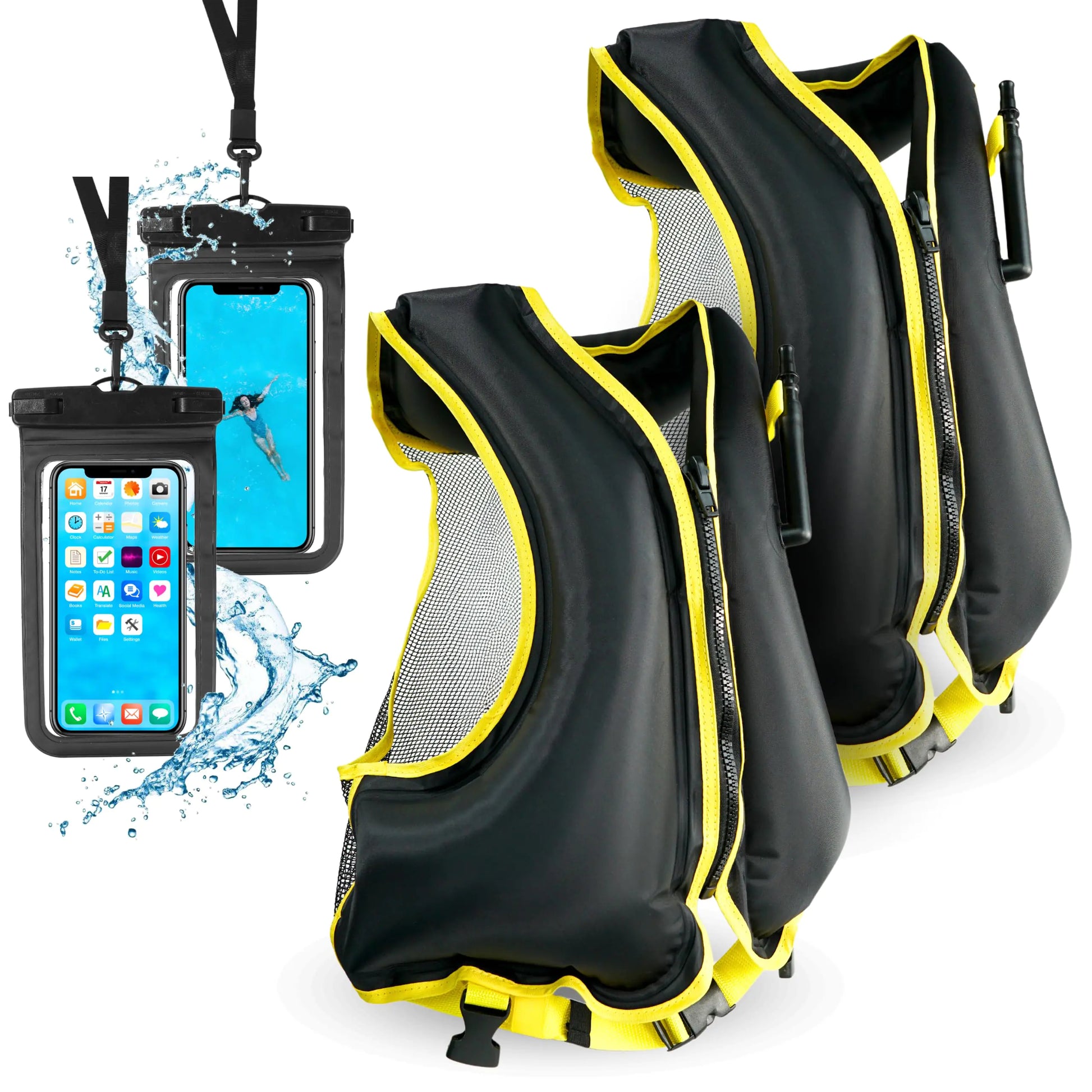 2 Inflatable Snorkel Vests for Adults with 2 Waterproof Phone Cases – Adjustable Snorkeling Vests – 68-220 lbs – Kayaking Swimming Paddle Boarding