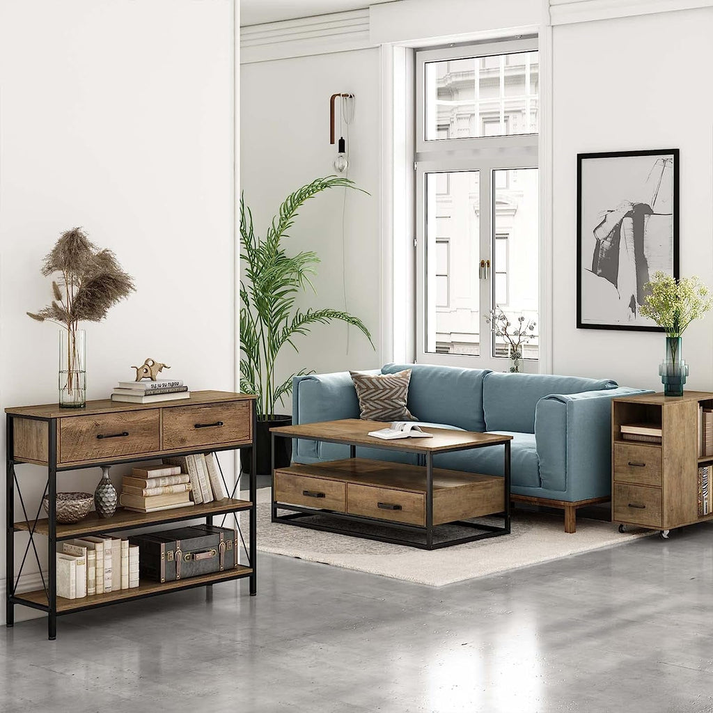 Rustic Brown Industrial Console Table With Storage Shelves