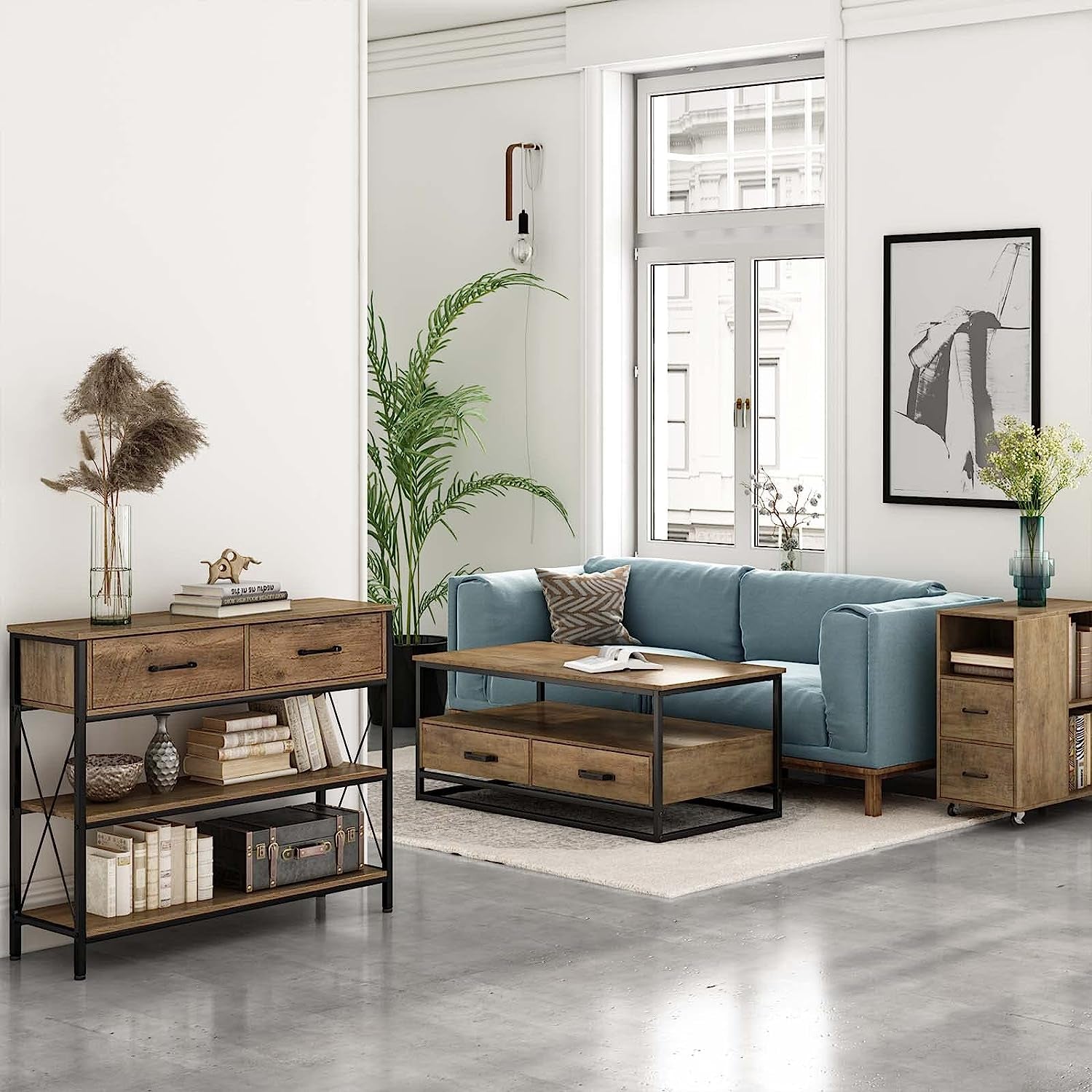 Rustic Brown Industrial Console Table With Storage Shelves