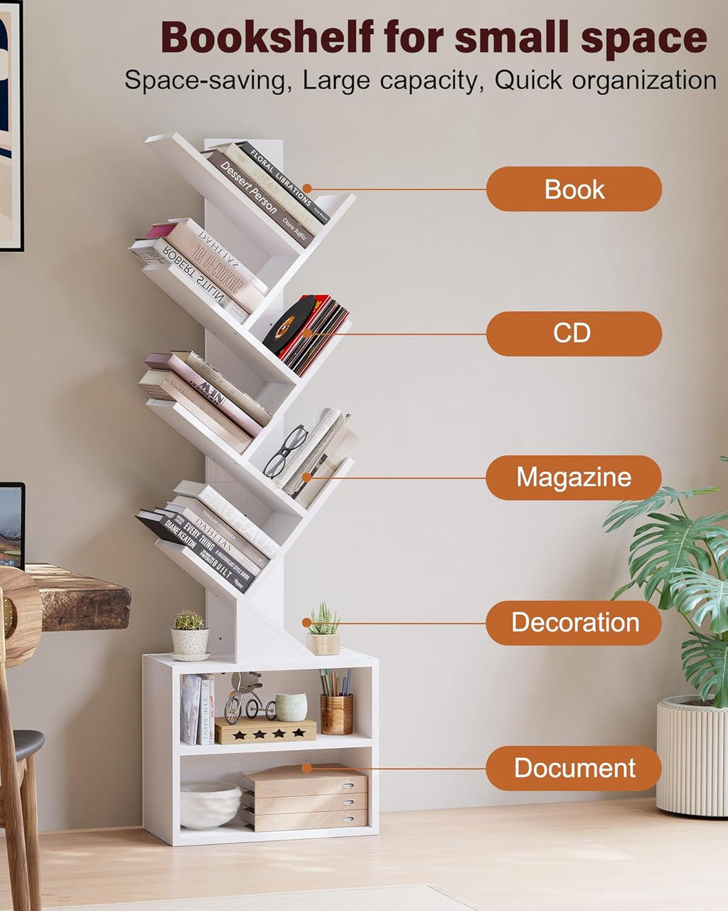 6 Tier Tree Bookshelf, Tall Bookcase with Storage Cabinet, Modern